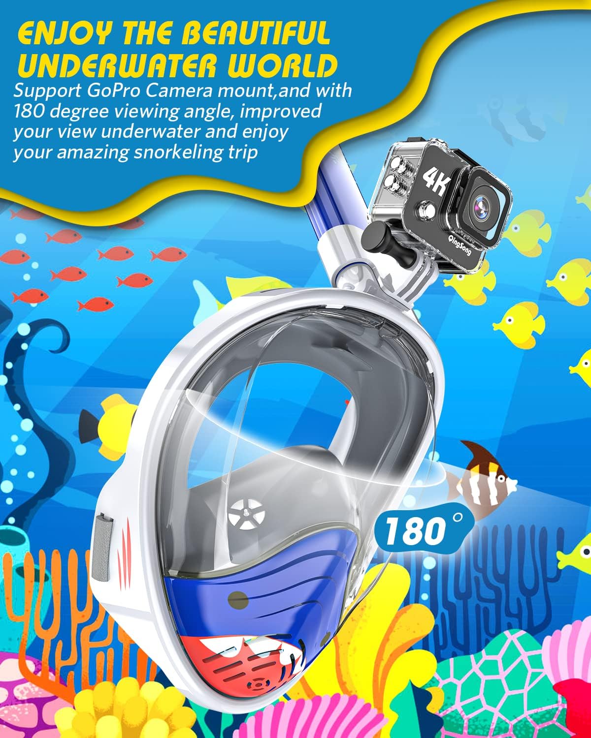 QingSong Kids Snorkel Mask Full Face, Snorkeling Set with Camera Mount, Foldable 180 Degree Panoramic View Snorkeling Gear Anti-Fog Anti-Leak