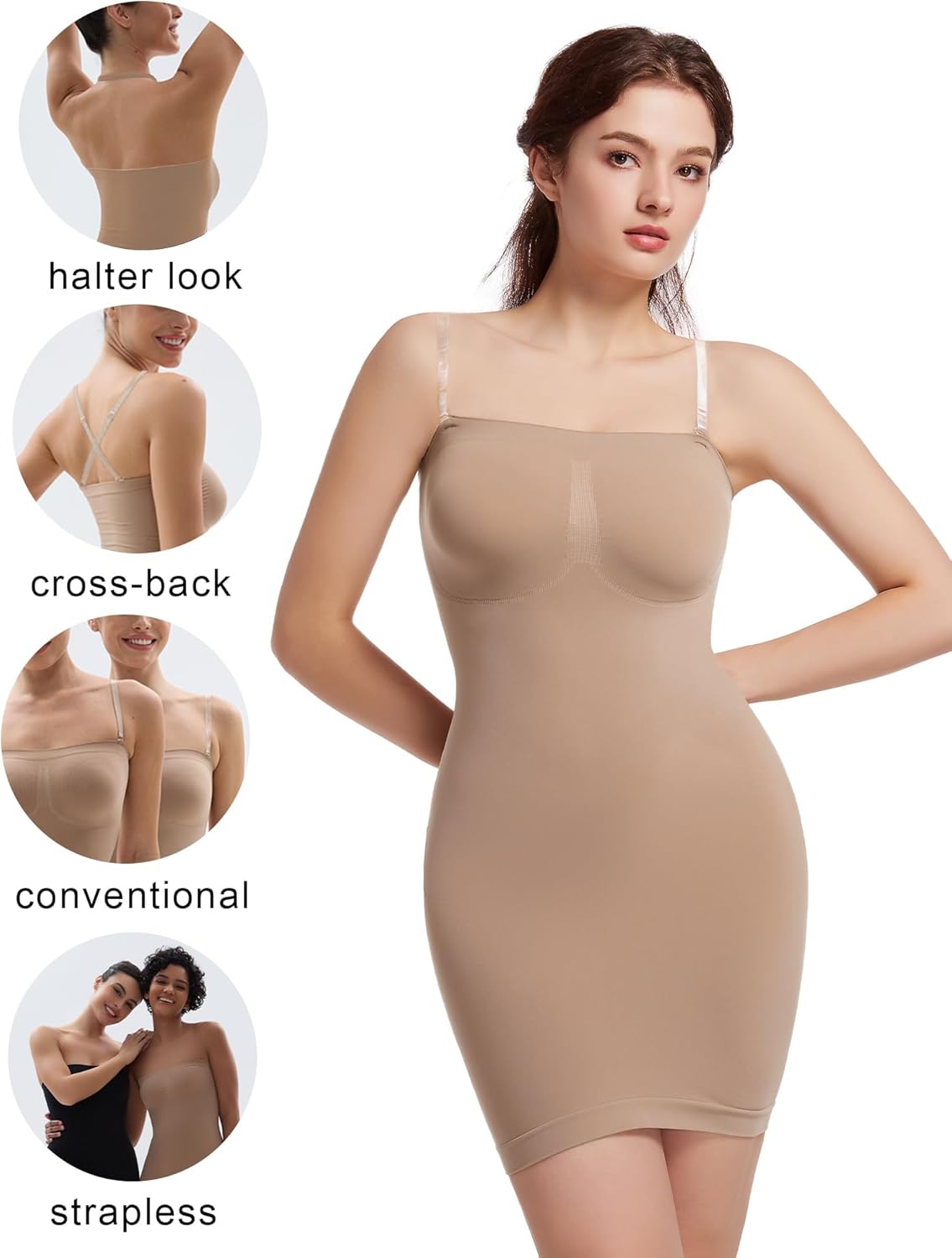 SHAPERX Strapless Shapewear Dress for Women Tummy Control Seamless Full Body Shaper Slip with Removable Straps