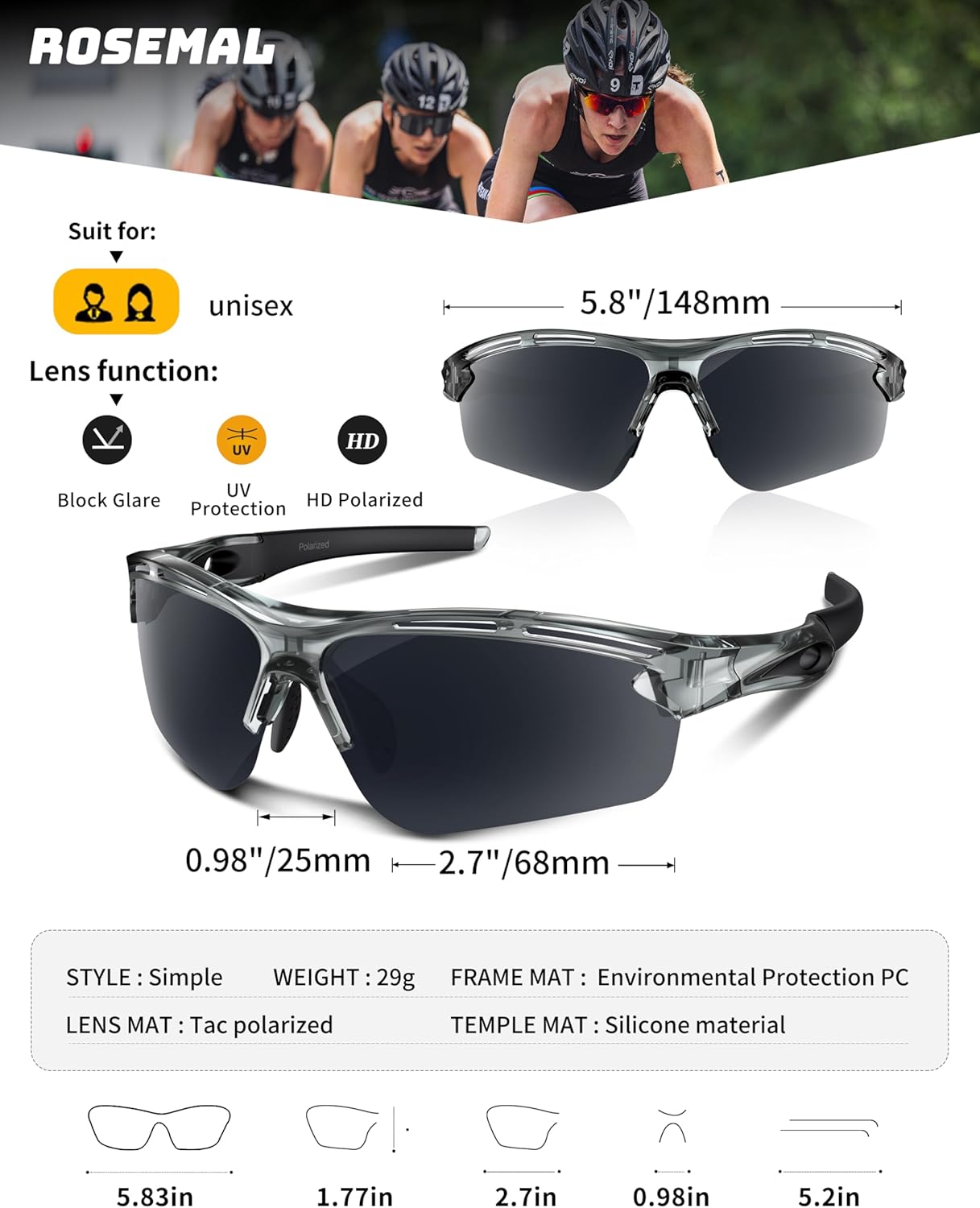 Polarized Sports Sunglasses for Men Women,UV400 Protection Sunglass for Running Cycling Fishing Hiking TR90