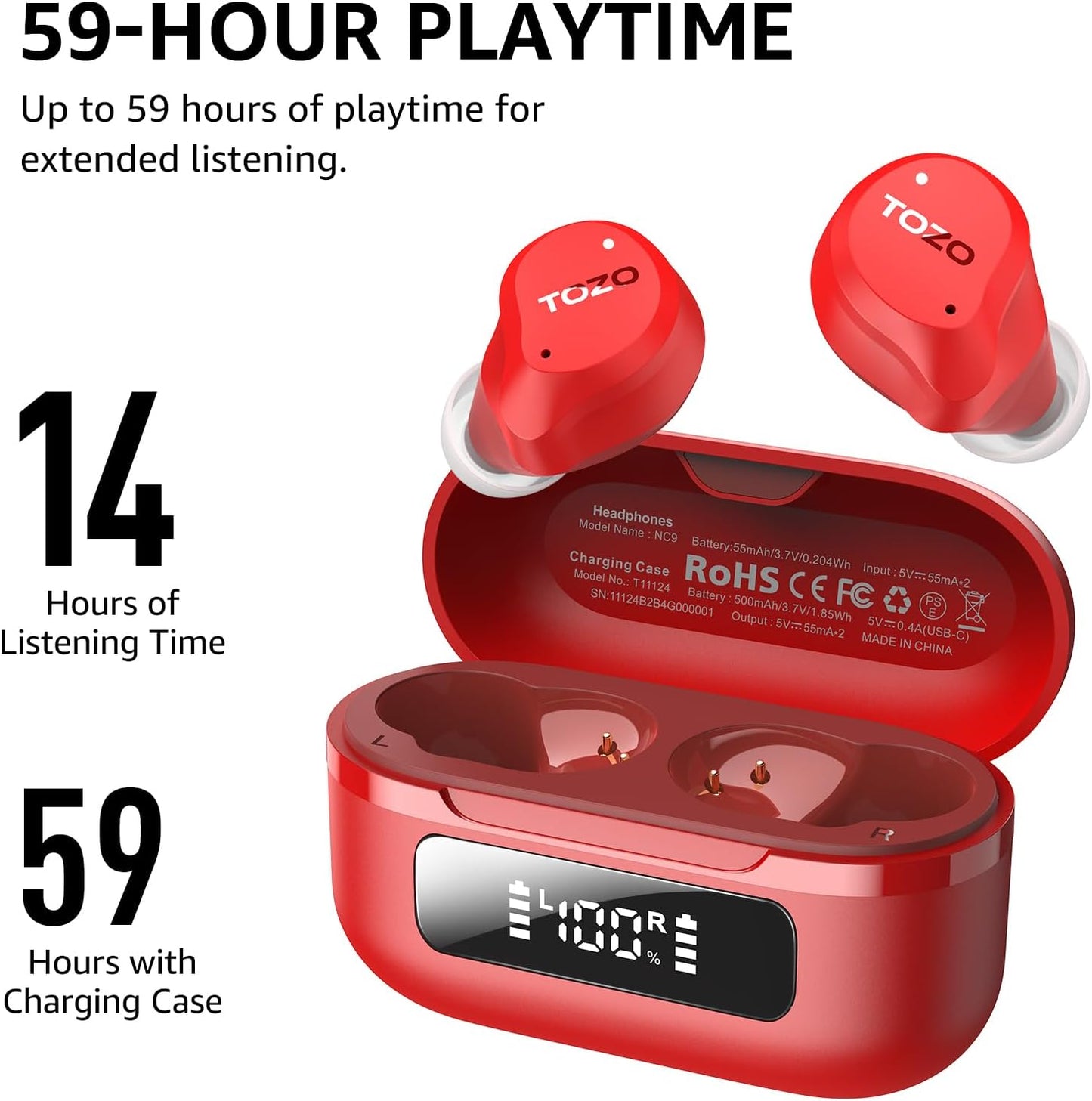 TOZO NC9 Hybrid Active Noise Cancelling Wireless Earbuds, 6 Mics ENC Clear Call, IPX8 Waterproof, in Ear Bluetooth 5.3 Headphones Stereo Bass Ear Buds 59H Playtime with LED Display 32 EQs via APP