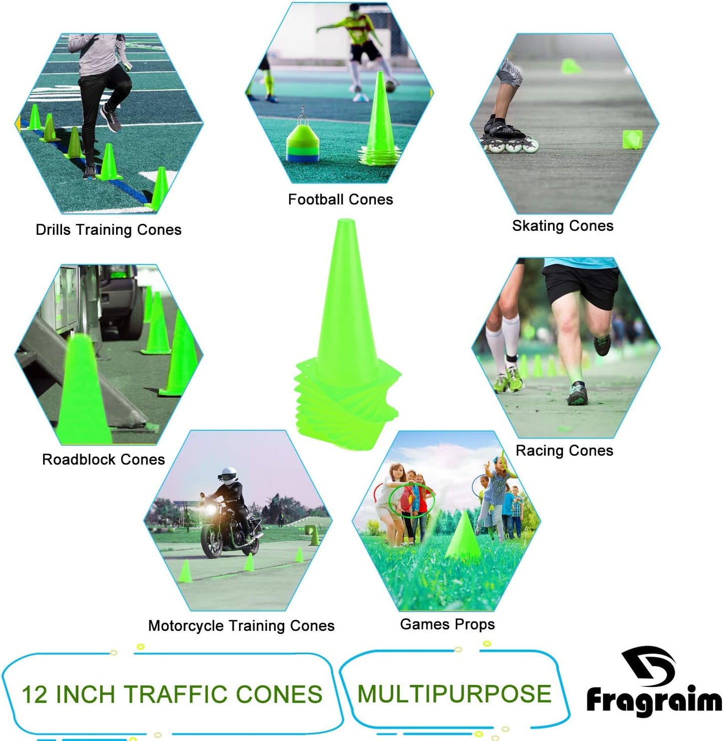 12 Inch Traffic Training Cones, Plastic Safety Parking Cones, Agility Field Marker Cones for Soccer Basketball Football Drills Training, Outdoor Sport Activity & Festive Events - 6 Colors