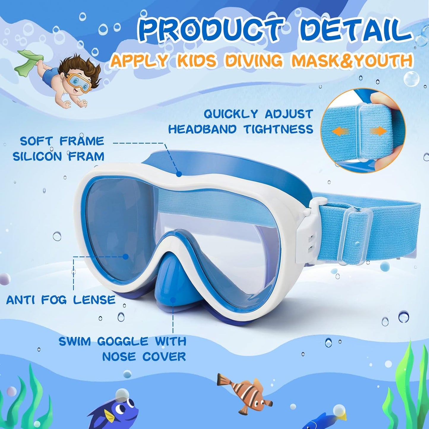 Kids Swim Goggles 180° Snorkel Diving Mask with Nose Cover, Anti-Fog Kids Swimming Goggles with Elastic Fabric Strap for Kids Boys Girls