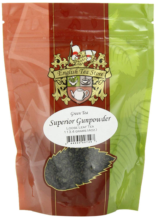 Superior Gunpowder Green Loose Leaf Pouch 4oz | Bold Chinese Green with Nutty Oak Notes | Rolled Tea Nuggets Ideal for Hot or Iced Tea | Long Shelf Life Premium Quality