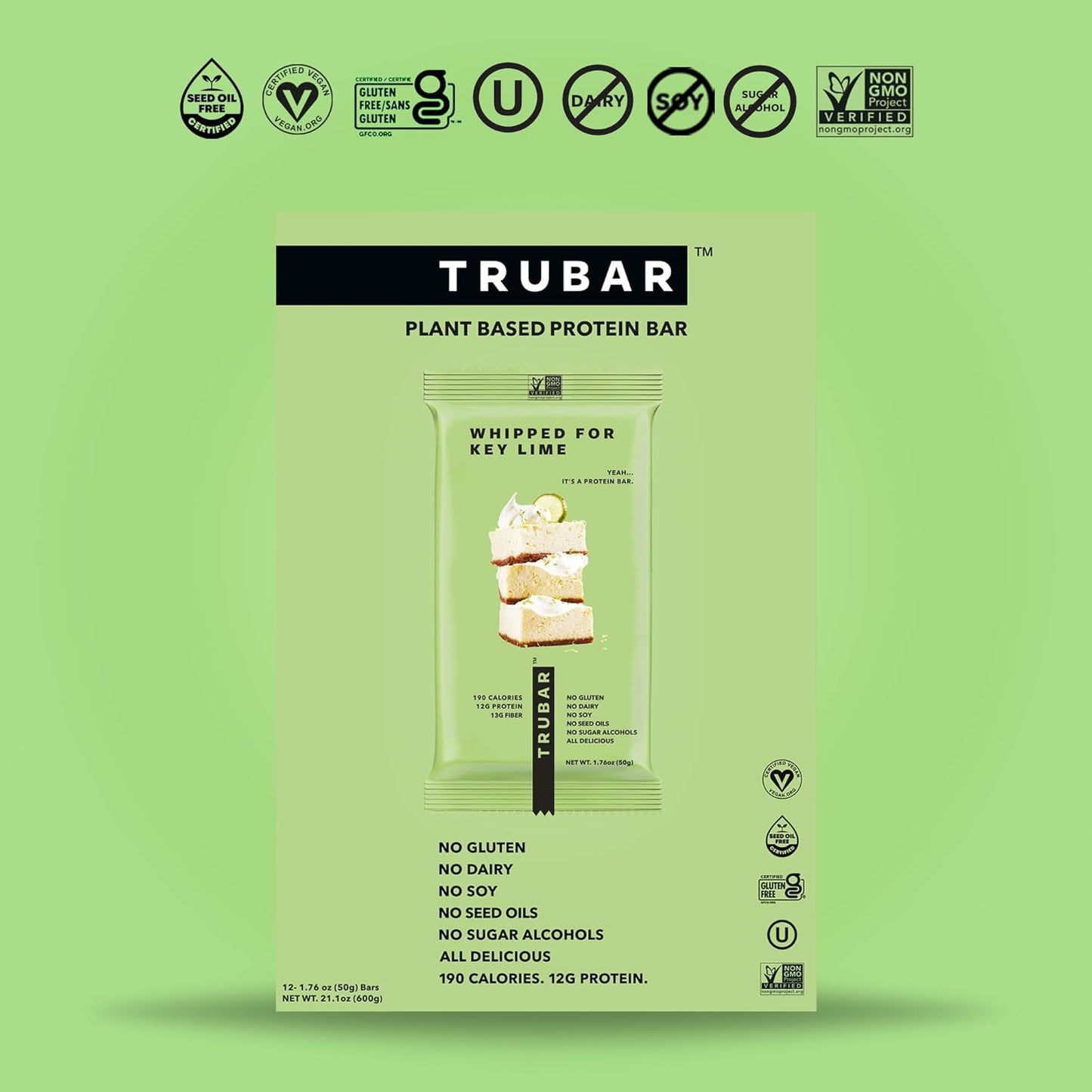 TRUBAR Vegan Protein Bar, Whipped for Key Lime, Gluten Free, Plant Based, High Fiber, Dairy Free, Low Fat, Non GMO, No Sugar Alcohols, 12G Lean Protein, 13G Fiber, Healthy Snack Bars, 12 CT