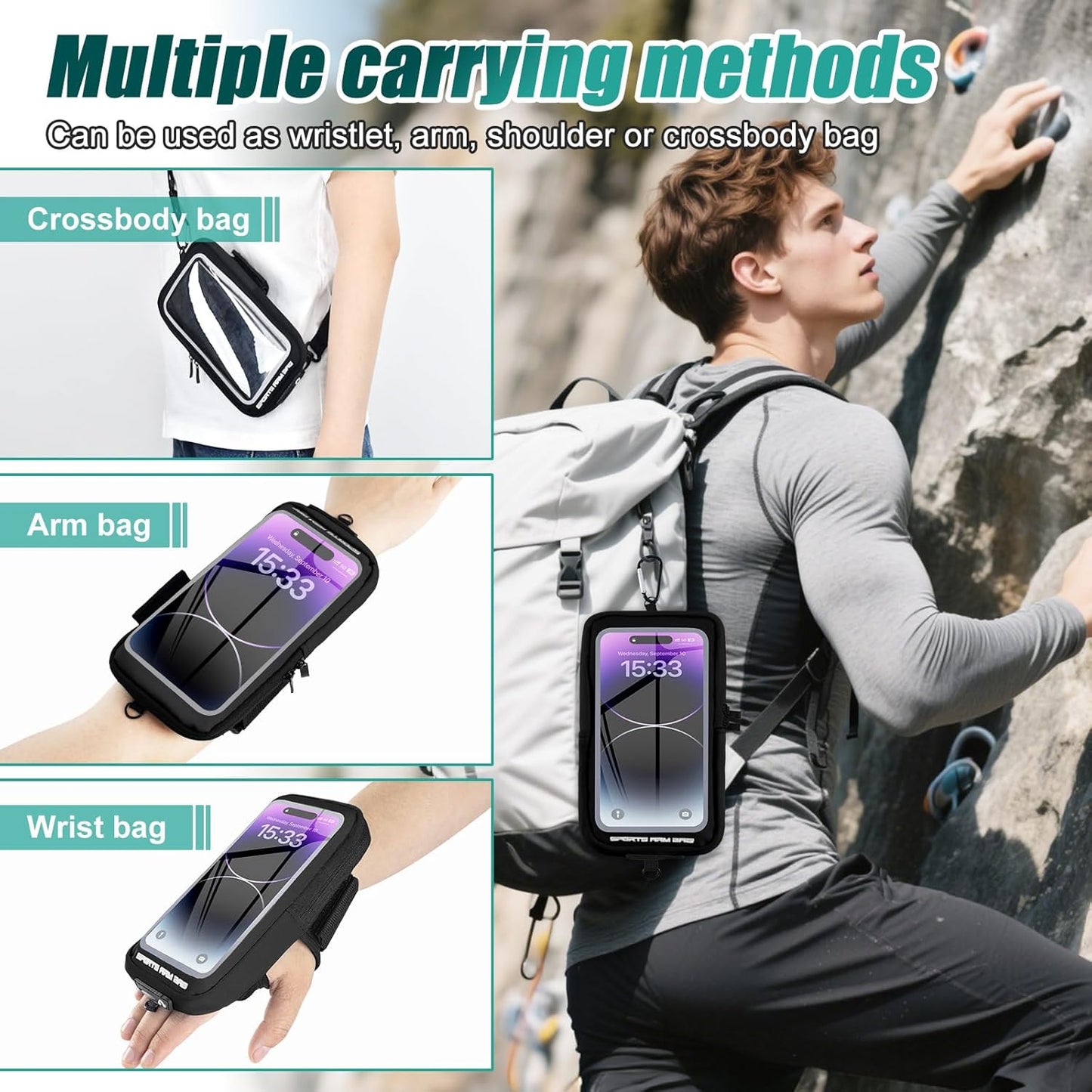 Phone Holder for Running, Running Armband Phone Holder with Carabiner, Phone Armbands for iPhone 16 15 14 13 12 11Pro Max & Galaxy S25/S24/S23, Cell Phone Armband Up to 6.8'' Phone (Black)