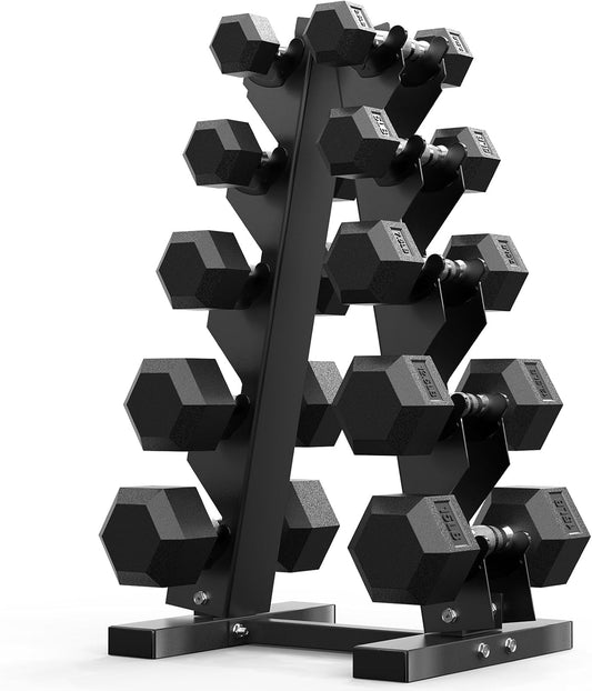 PAPABABE Hex Dumbbell Sets with Rack, 60-550lb Rubber Coated Dumbbell Weight Set and Storage Rack, Multiple Options Hand Weights for Strength Training