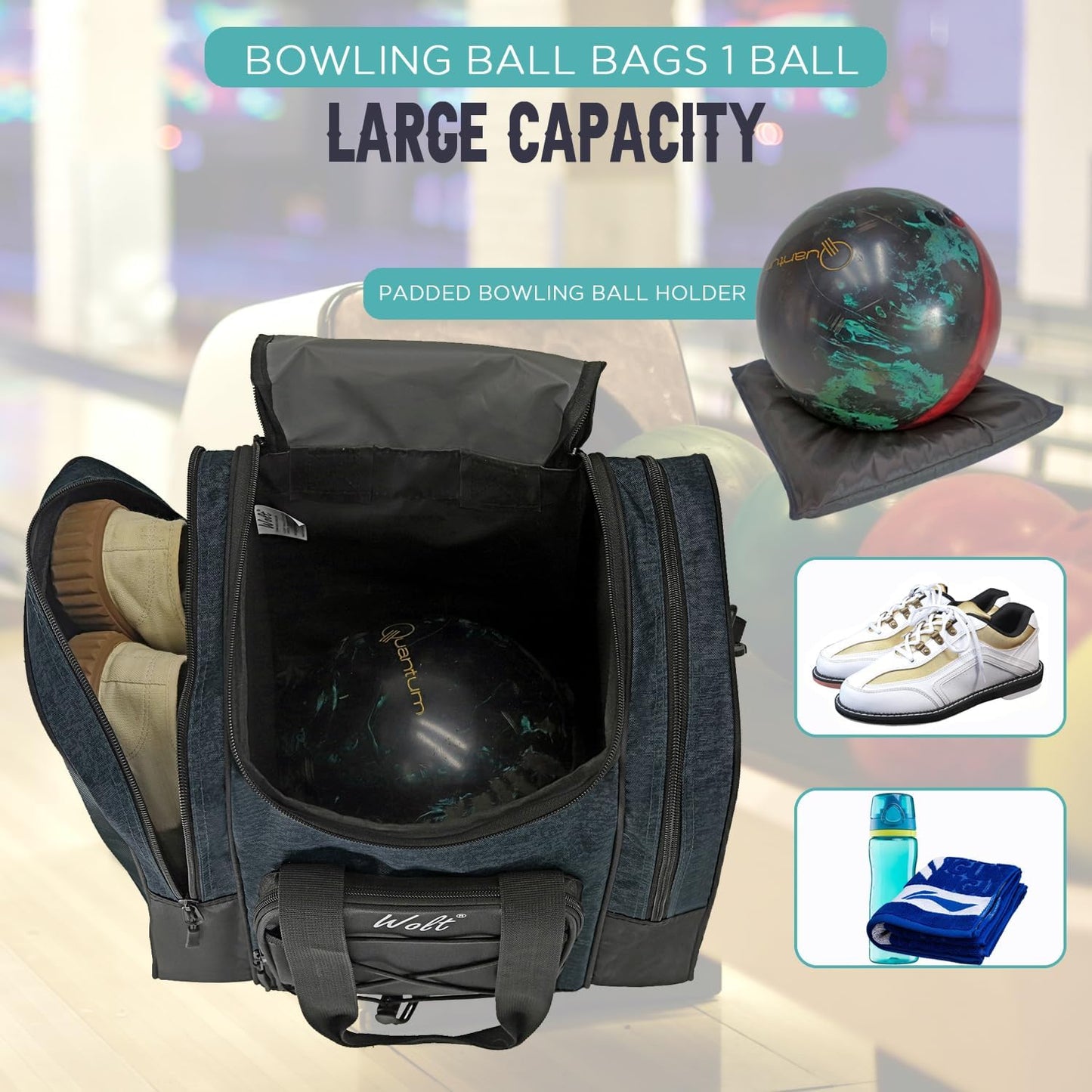 WOLT Bowling Ball Bag for Single Ball - Bowling Ball Tote Bag with Padded Ball Holder, 2 Pockets fit Bowling Shoes Up to Mens Size 14 and Accessories
