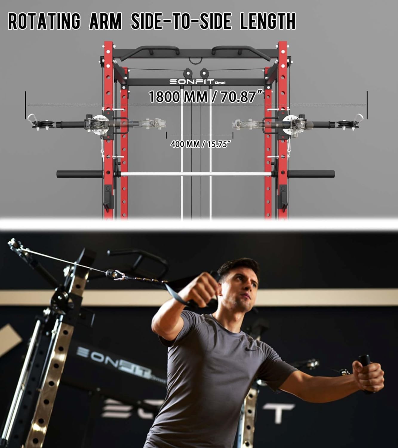 Eonfit E3 Smith Machine with 360°Rotating Arm for Home Gym Equipment, Multi-Function Power Cage Squat Rack with Cable Crossover LAT Pulldown Pulley System All in One