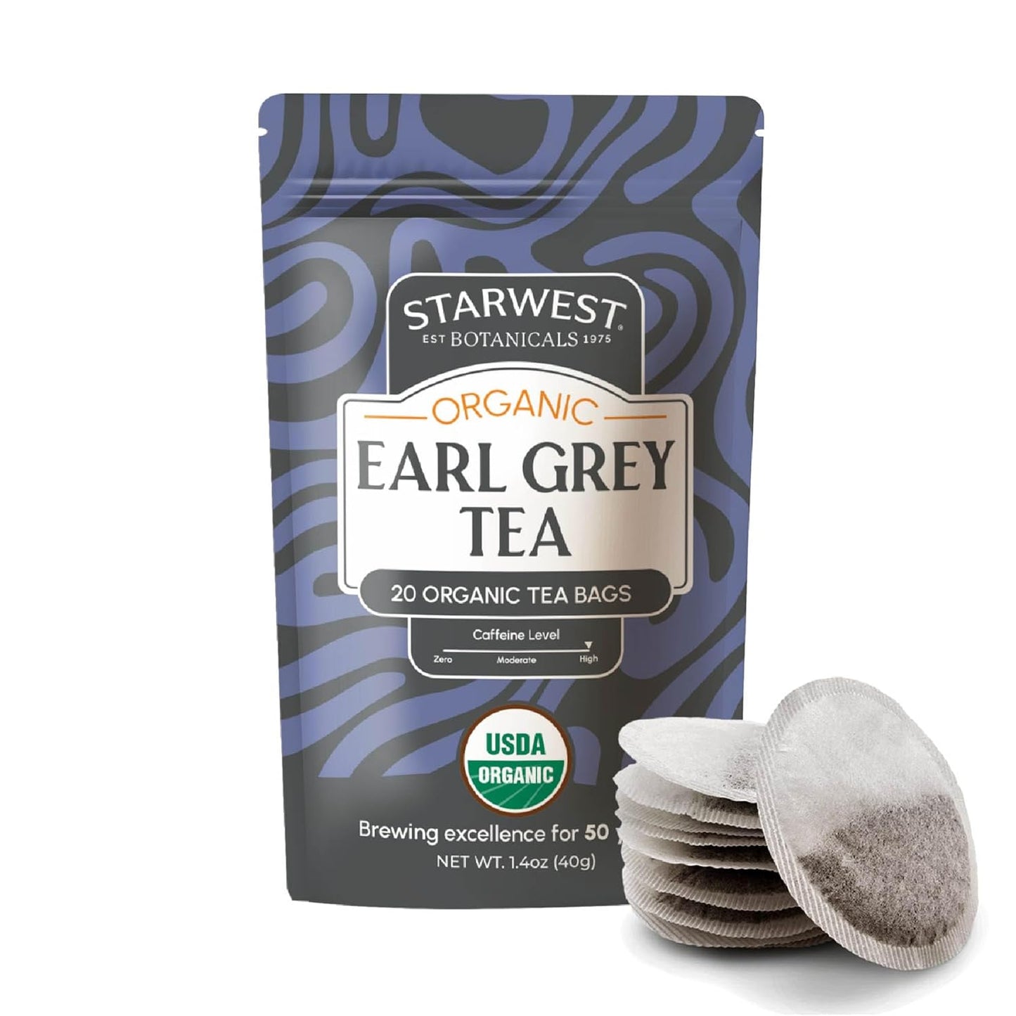 Starwest Botanicals Organic Earl Grey Tea - Caffeinated Herbal Blend with Black Tea & Bergamot, Enjoy Hot or Cold, String Free Sachets, USDA Organic, Non GMO - 20 Tea Bags