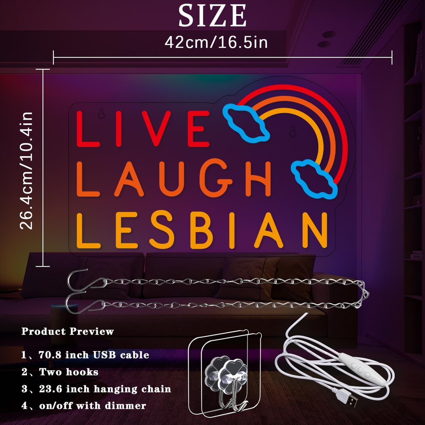 Live Laugh Lesbian Neon Sign Lesbian Neon Light Rainbow LED Neon Lights Gay Pride Day LED Neon Lights for Gay Lesbian Bar Bedroom Store Decoration