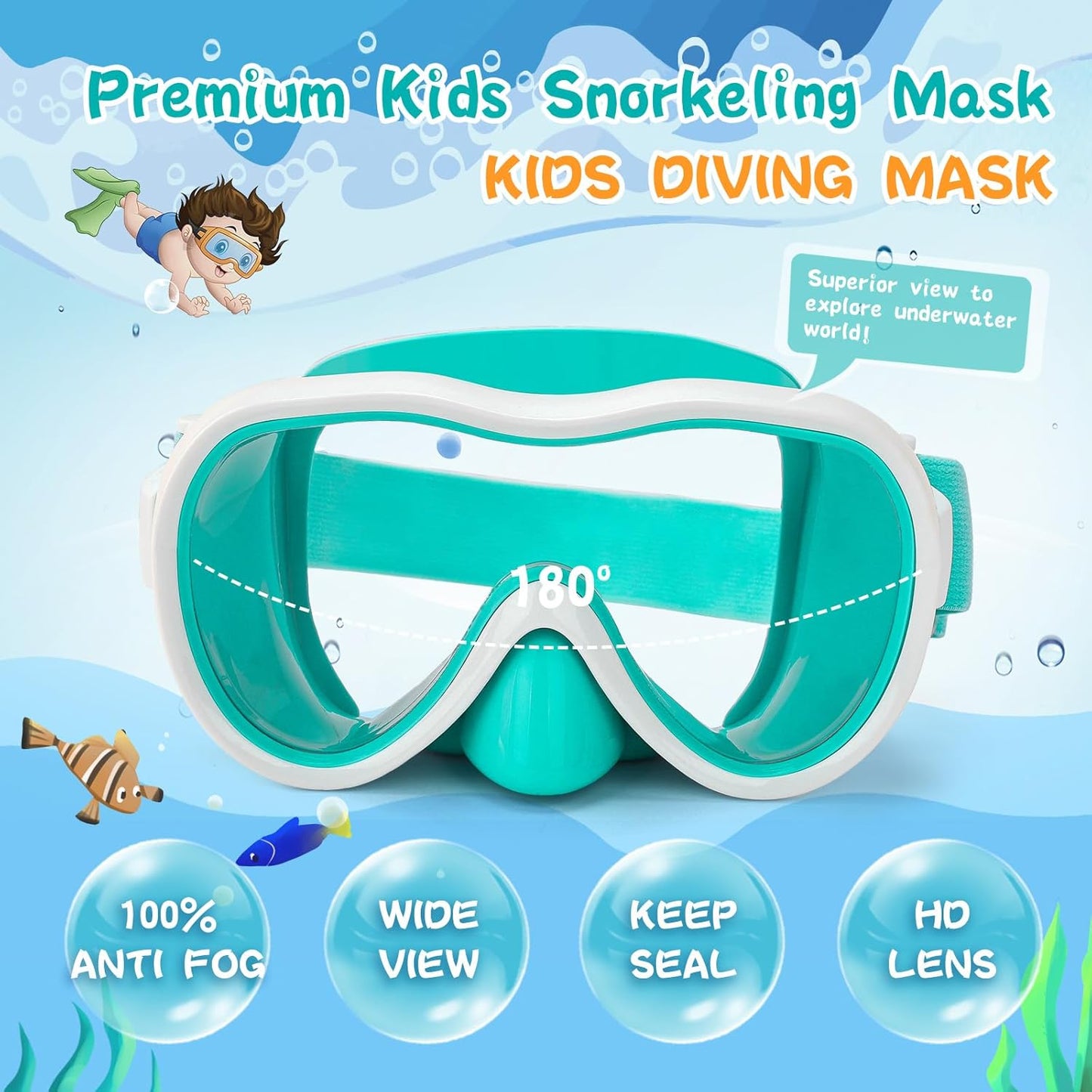 Kids Swim Goggles 180° Snorkel Diving Mask with Nose Cover, Anti-Fog Kids Swimming Goggles with Elastic Fabric Strap for Kids Boys Girls
