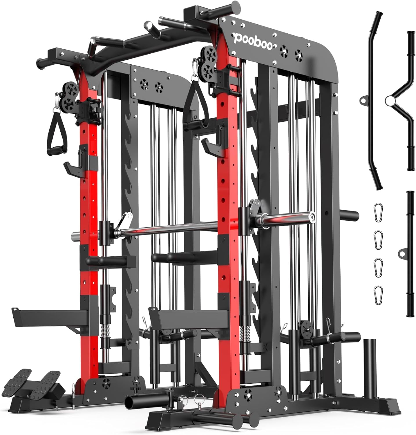 Pooboo Multi-Functional Machine Power Cage, 2000LB Squat Rack, LAT-Pull Down System, Dual Pulley Cable Crossover System, Home Gym Workout Machine with Strength Training Attachments