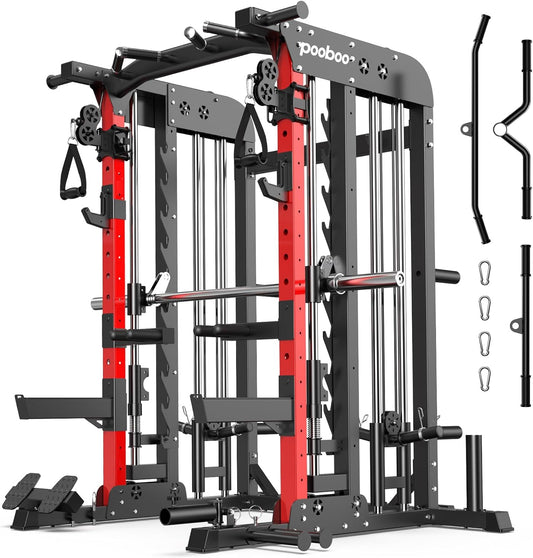 Pooboo Multi-Functional Machine Power Cage, 2000LB Squat Rack, LAT-Pull Down System, Dual Pulley Cable Crossover System, Home Gym Workout Machine with Strength Training Attachments
