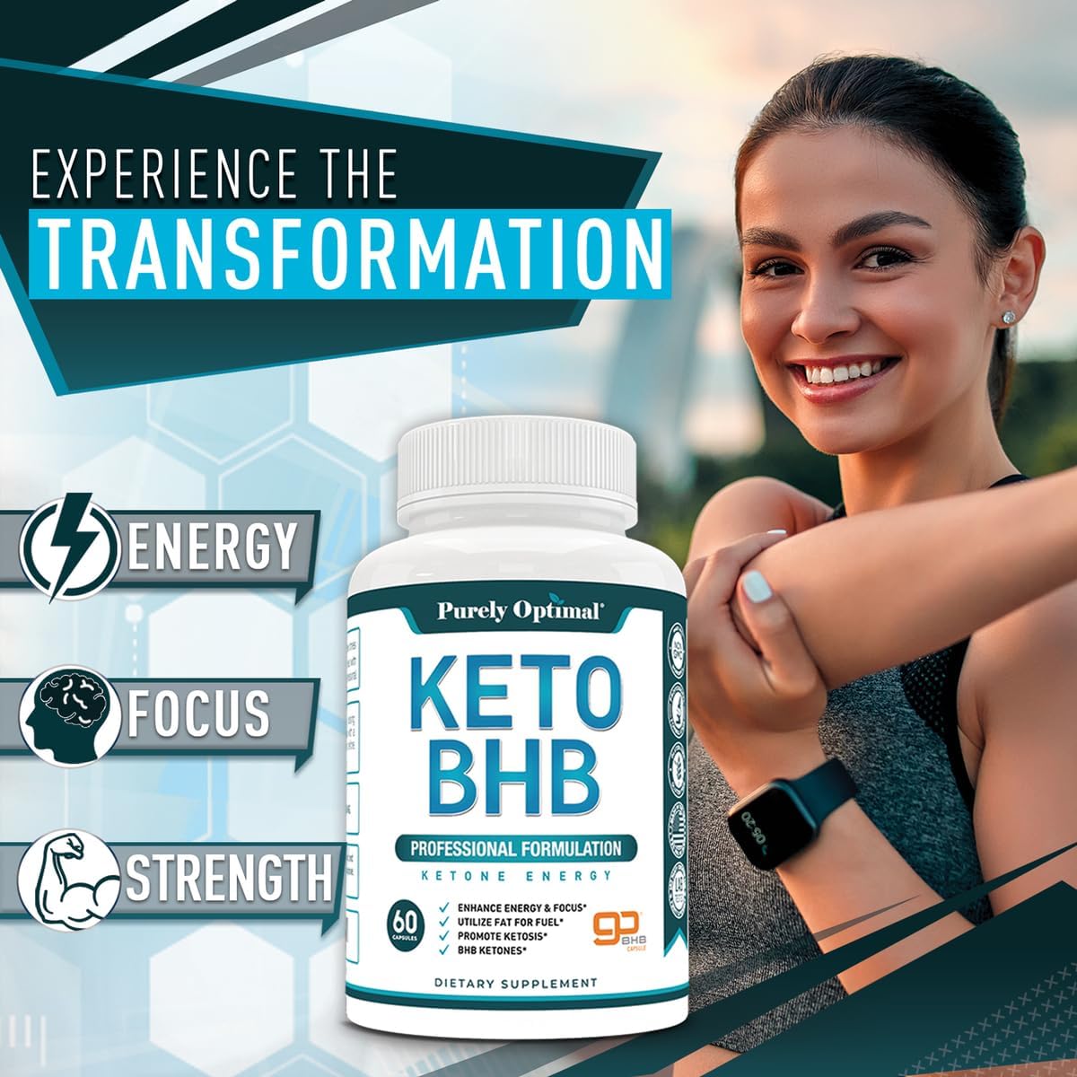 Purely Optimal Keto BHB Capsules – Exogenous Ketone Pills for Ketosis Support, Sustained Energy, Focus & Metabolism – for Women & Men, 60 Capsules