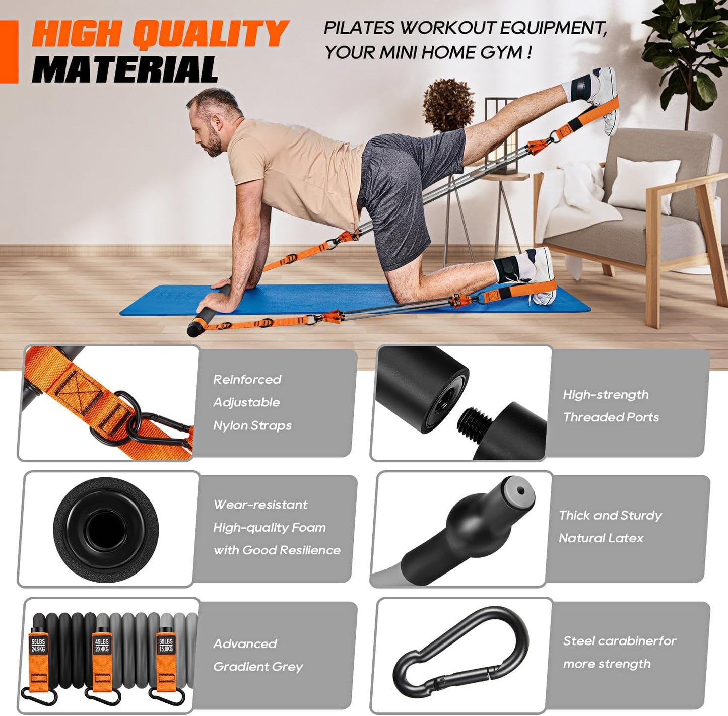 Pilates Bar Kit with Resistance Bands, Heavy Duty Pilates Equipment for Men, Strength Training Bar for Legs, Hip, Back, Arm, Abs, Chest, Shoulders, Portable Home Gym Full Body Workout Equipment