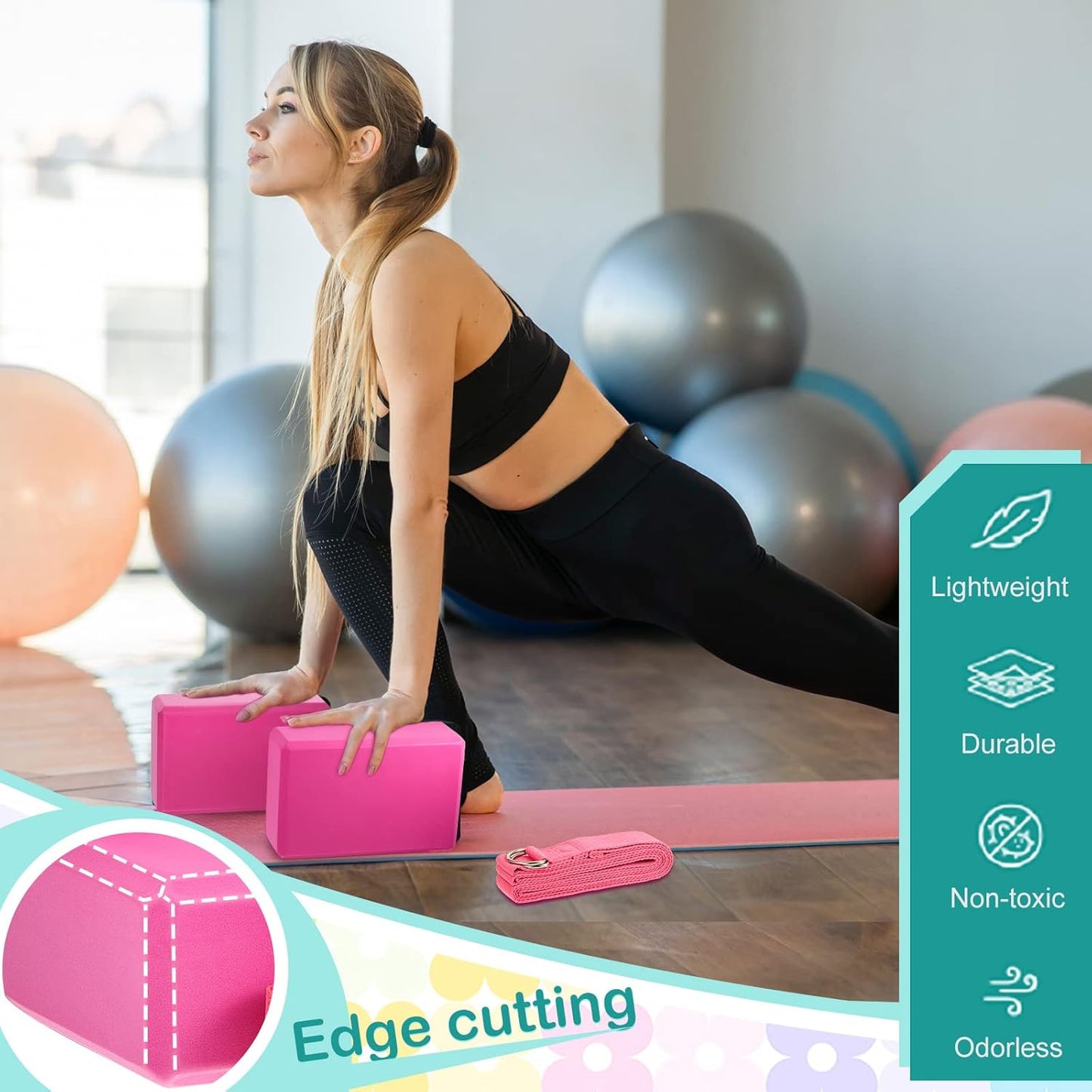 Meooeck 18 Pcs Yoga Block and Strap Set 9 x 6 x 3 Inch EVA Foam Non Slip Brick 8 ft Yoga Straps for Stretching D Ring Design for Back to School Pilates Fitness Workout Exercise