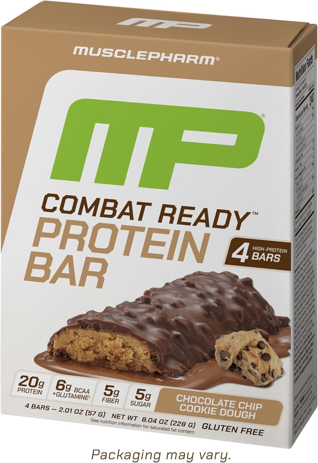 MusclePharm Combat Ready Chocolate Chip Cookie Dough Protein Bar, High Protein Bars, Combat Cravings, Fuel Performance & Meet Energy Demands, 20g Protein from Whey Protein, 5g Fiber, Gluten Free, 4 Bars