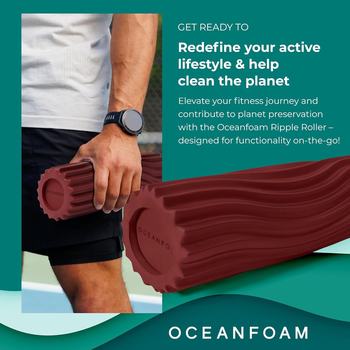 Oceanfoam Ripple Travel Foam Roller (11" x 3.35") Firm Mini Foam Roller for Physical Therapy, Deep Tissue Massage, Back Pain - High Density, Ergonomic Wave Textured - Yoga, Pilates, Exercise (Maroon)