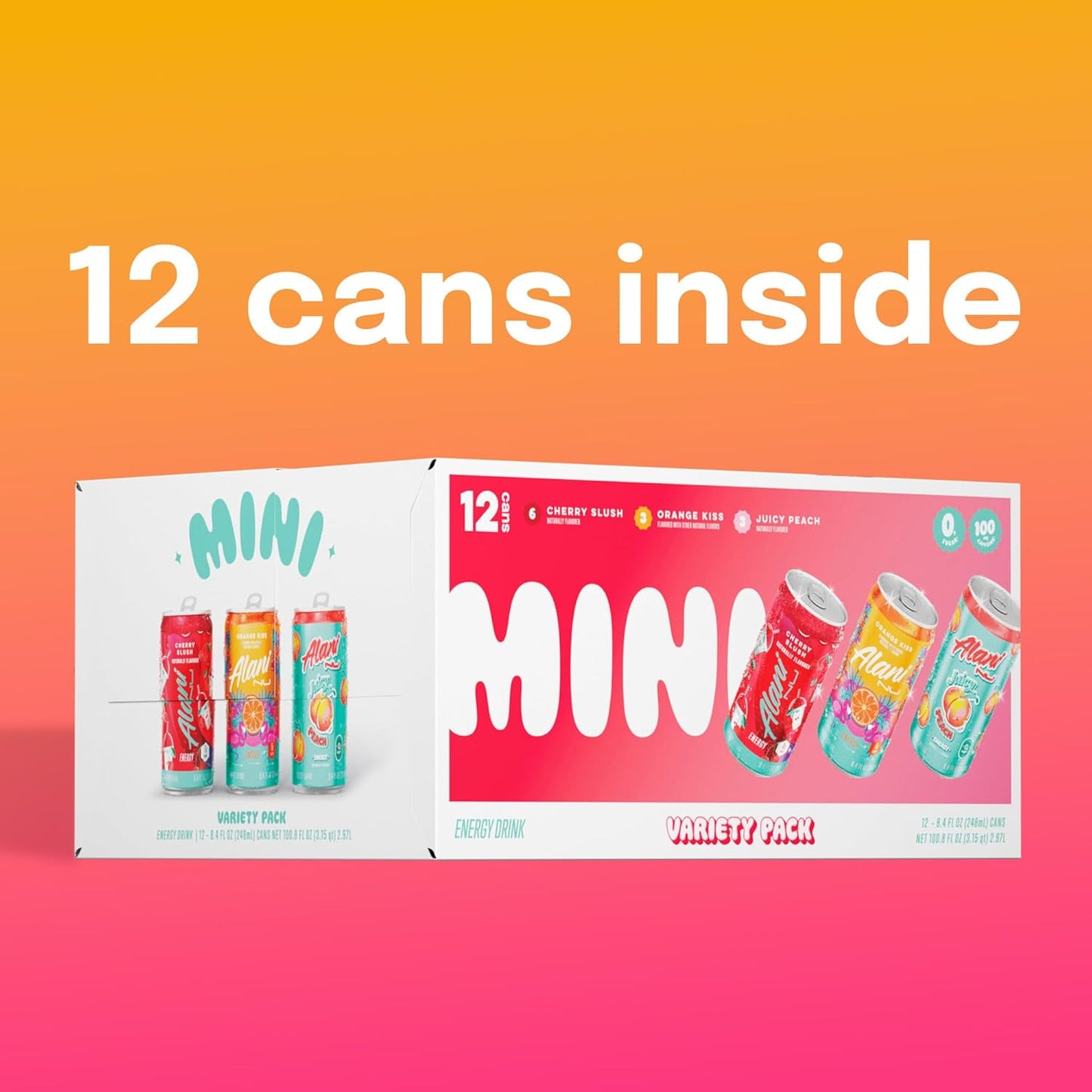 Alani Nu VARIETY PACK (CHERRY SLUSH, JUICY PEACH, ORANGE KISS), Low Calorie Energy Drinks, 100mg Caffeine, Biotin, B Vitamins, Zero Sugar, 10 Calories or Less, 8 Fl Oz Cans, 12 Pack