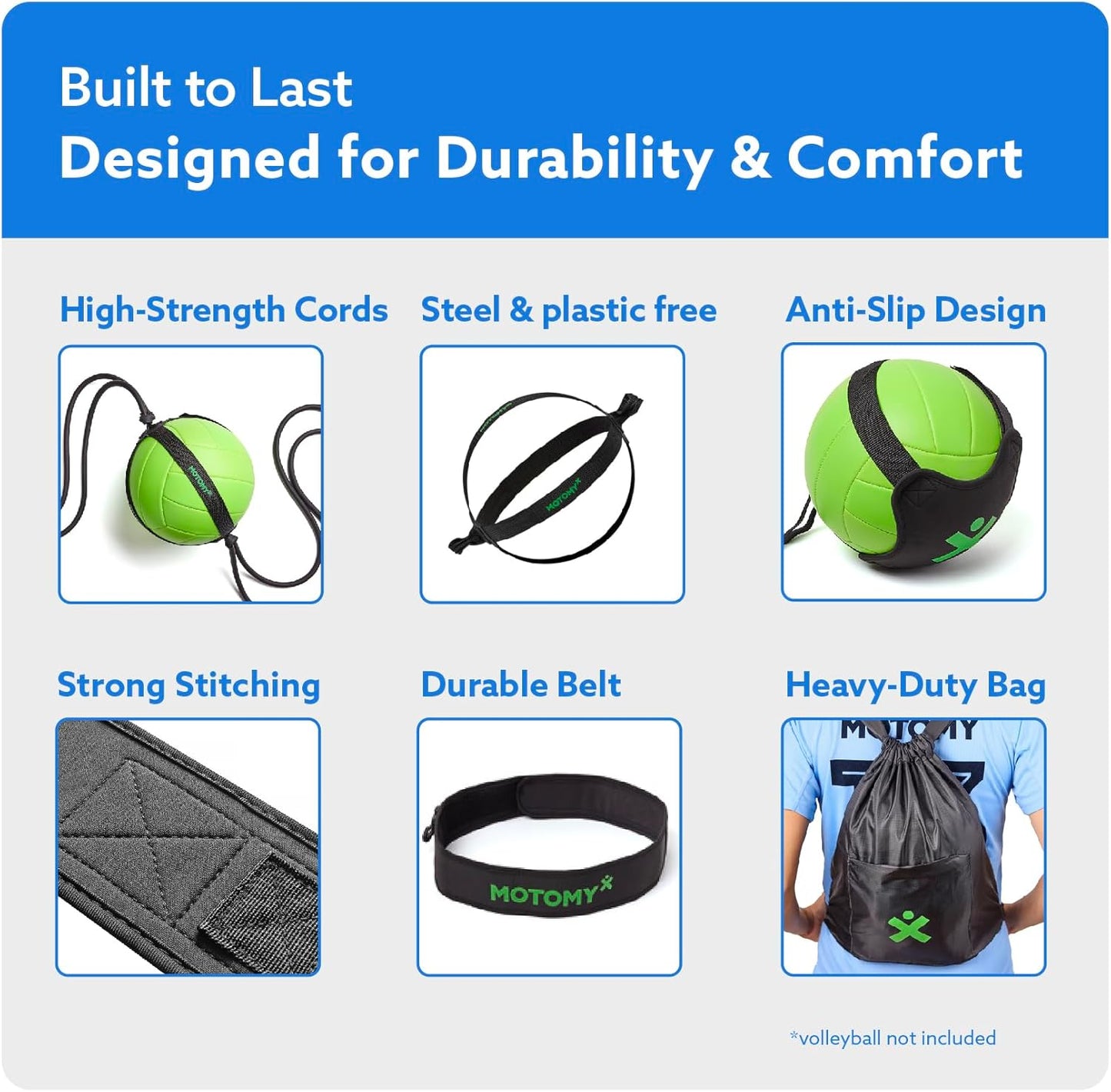 MOTOMY™ Volleyball Training Equipment Aid ‘VolleyPal’ – Solo Rebounder Trainer for Serve, Spike, Set & Pass; Indoor and Outdoor Practice Gear Gifts for Beginners & Experts