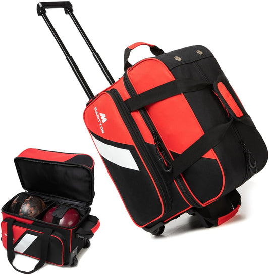 Bowling Bag with Wheels Double Roller 2 Ball Bowling Separate Shoe Compartment and Oversized Accessory Pocket, 36.6" Extendable Handle.