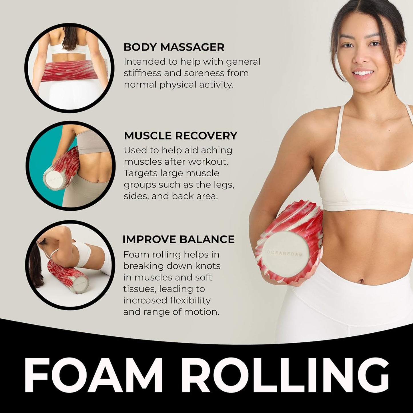 Oceanfoam Tidal Roller - Red Marbled - Muscle Massage Foam Roller for Back Pain & Stretching - Firm and Ergonomic Wide Wave Textured - Yoga, Athletics, & Wellness - Full Size, 20" x 5"