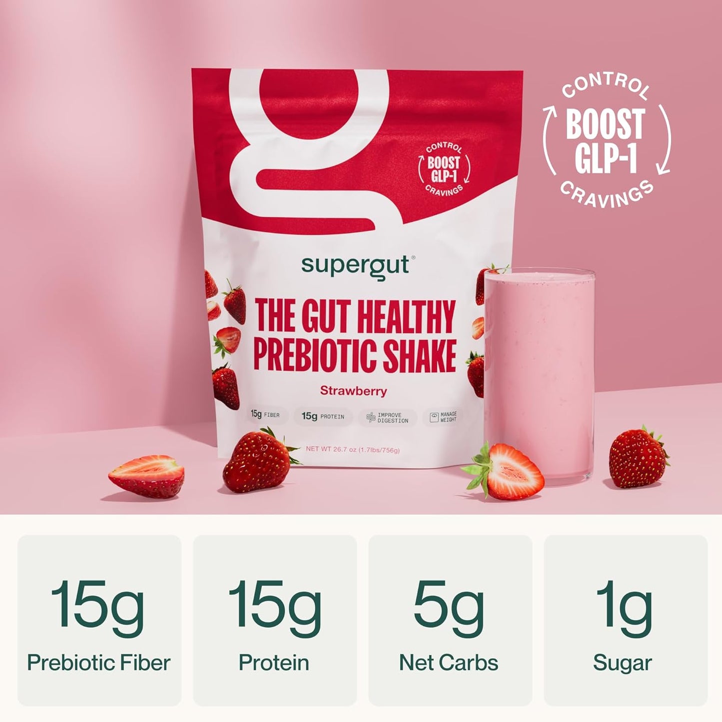 Supergut Prebiotic Shakes | Meal Replacement | Boost GLP-1 | High Protein and Fiber | No Added Sugar | Keto Food, Meal, Snack (Strawberry, 14 servings)
