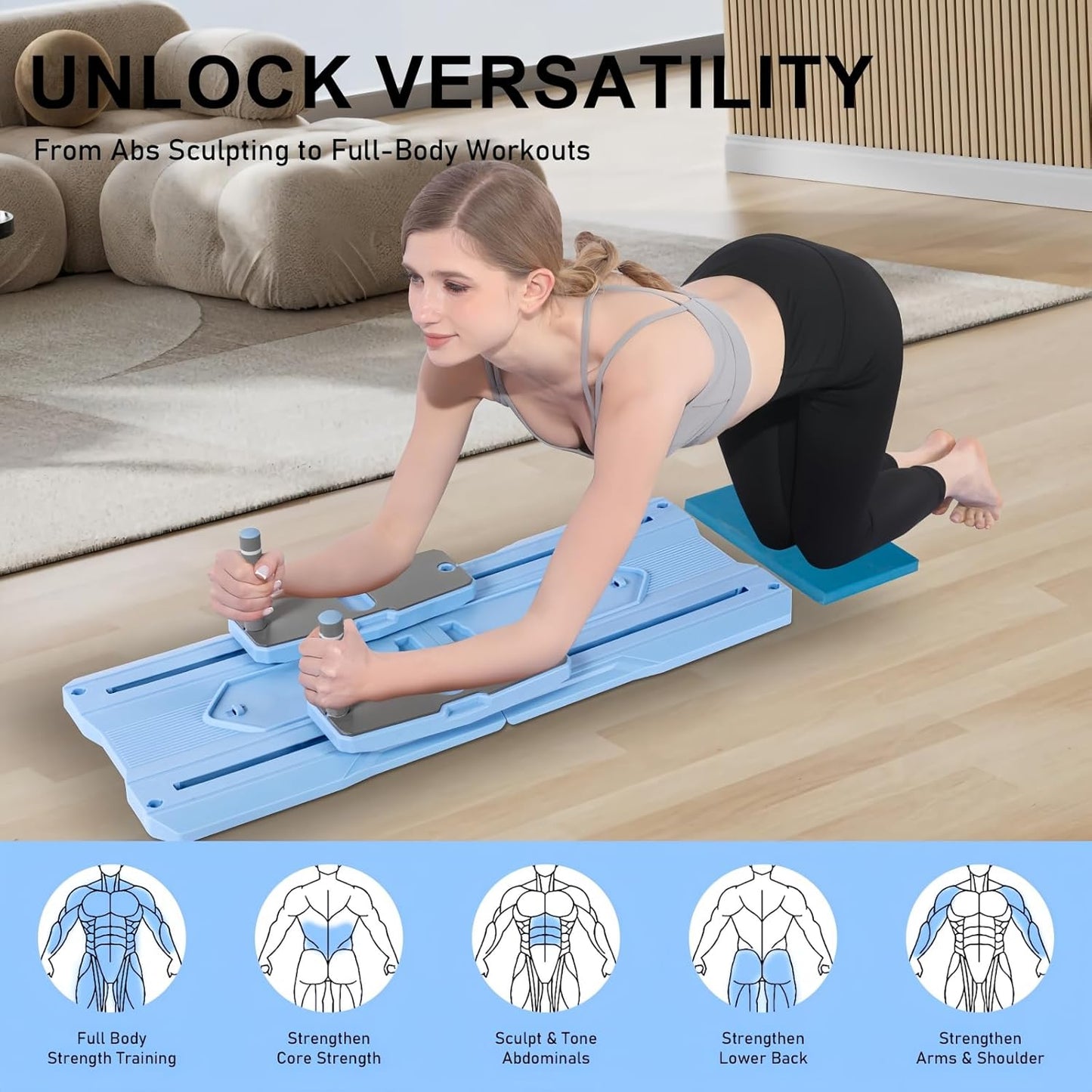 Pilates Board - 2025 Pilates Reformer Set for Full Body Workouts, Foldable Ab Core Trainer Board, 5 in 1 Multi-Purpose Pilates Board for Home with Resistance Bands, Ideal for Women & Men (Blue, L)