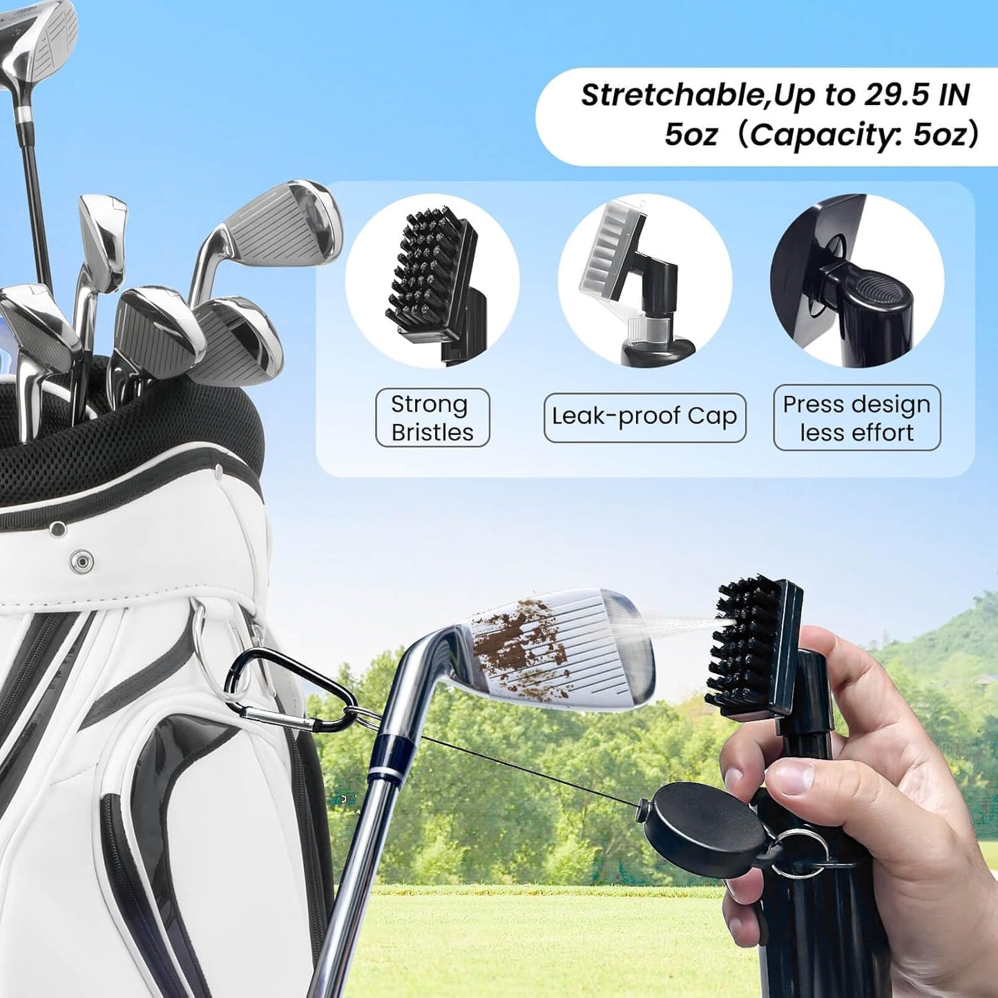 Golf Club Cleaner, Non-Leaking Stretchable Golf Club Brush with Microfiber Golf Towel (23.6 * 15.7 in), Strong Bristles Golf Brush Can Hold 5oz Water, Essentials Golf Accessories for Men