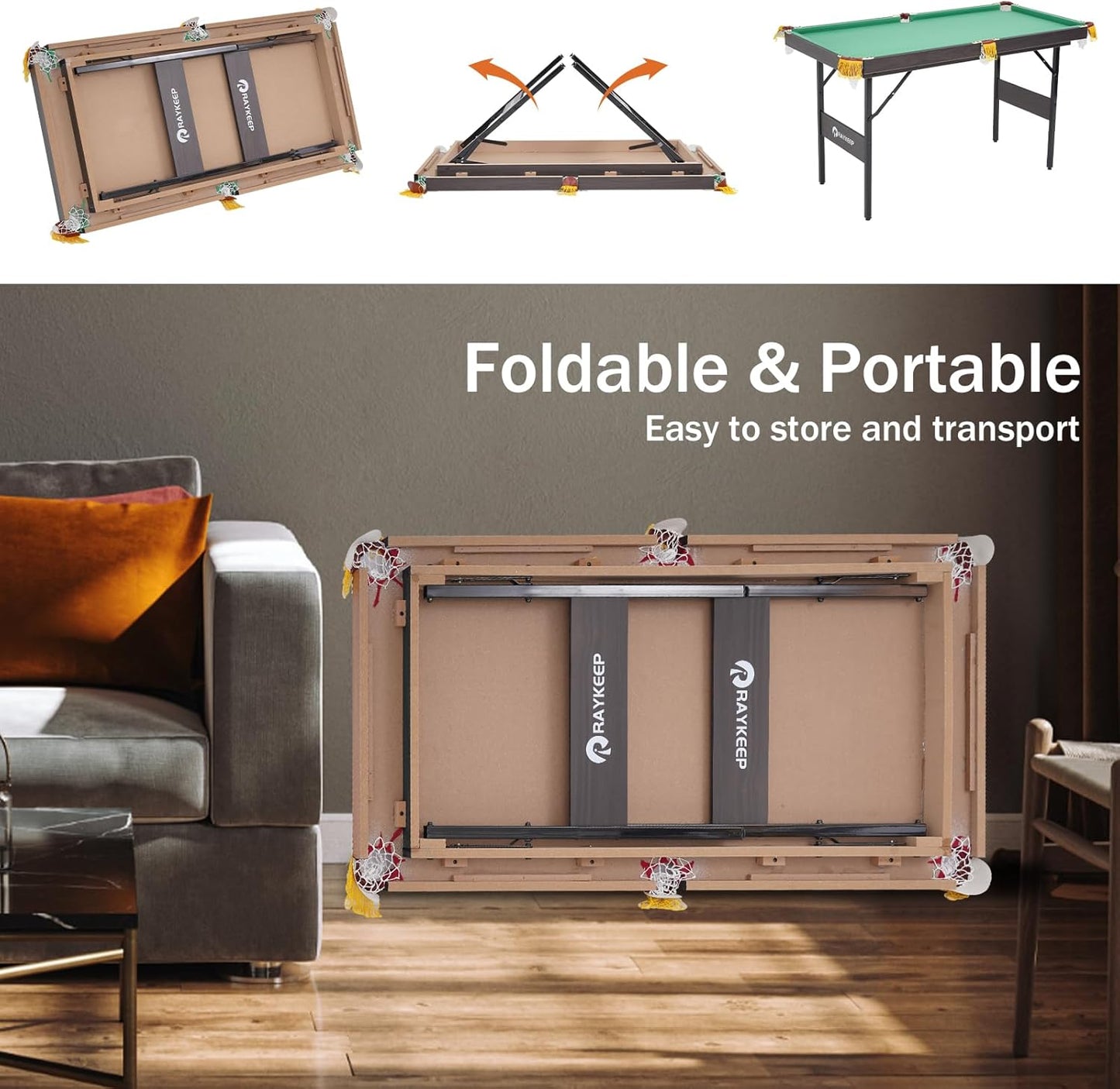 54" Portable Pool Table - Billiard Table for Kids & Adults with 2 Cues, Triangle Rack, Chalk & Brush - Compact Wooden Game Table for Home, Game Room, Indoor & Outdoor