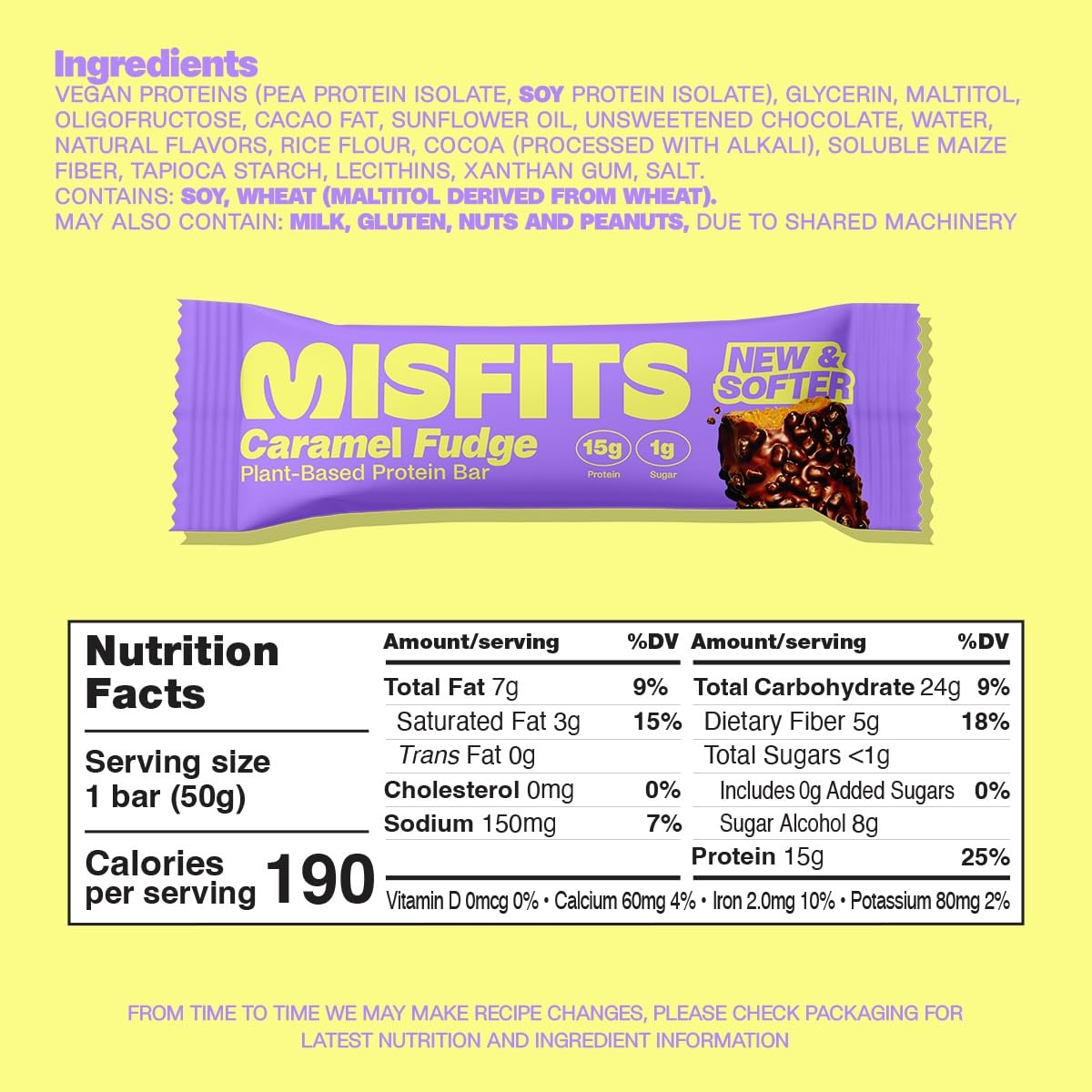 Misfits Vegan Protein Bars, Caramel Fudge - Updated Recipe | Plant Based, Low Sugar & Carb, High Fiber Snacks | Pack of 15