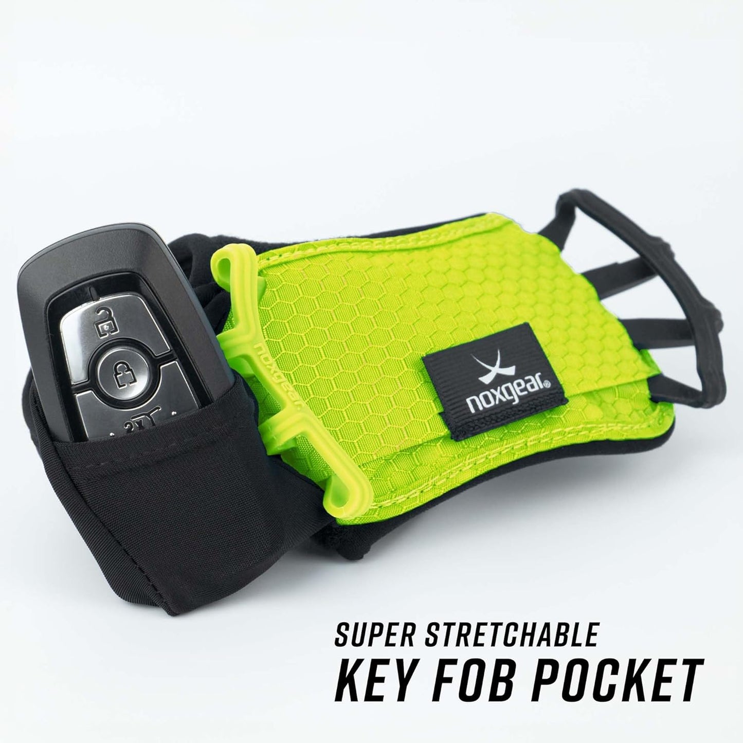 Noxgear Hand Held Phone Holder - Handheld Grip Phone Holder with Key Fob & Card Slot for Running, Jogging & Working Out - Compatible with All Phones - Machine Washable (Lime, Right Hand)
