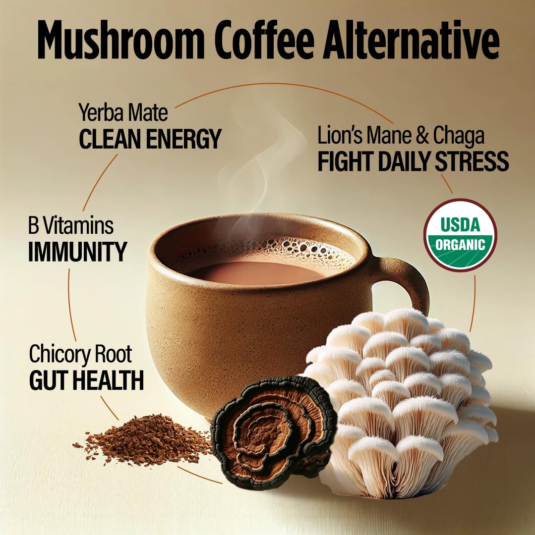 VitaCup Mushroom Coffee Alternative Instant Drink Mix | Mushroom Based Coffee Substitute for Natural Energy & Focus | Lion’s Mane, Yerba Mate, & Chaga | Cacao, Cinnamon, & B Vitamins | 30 Servings