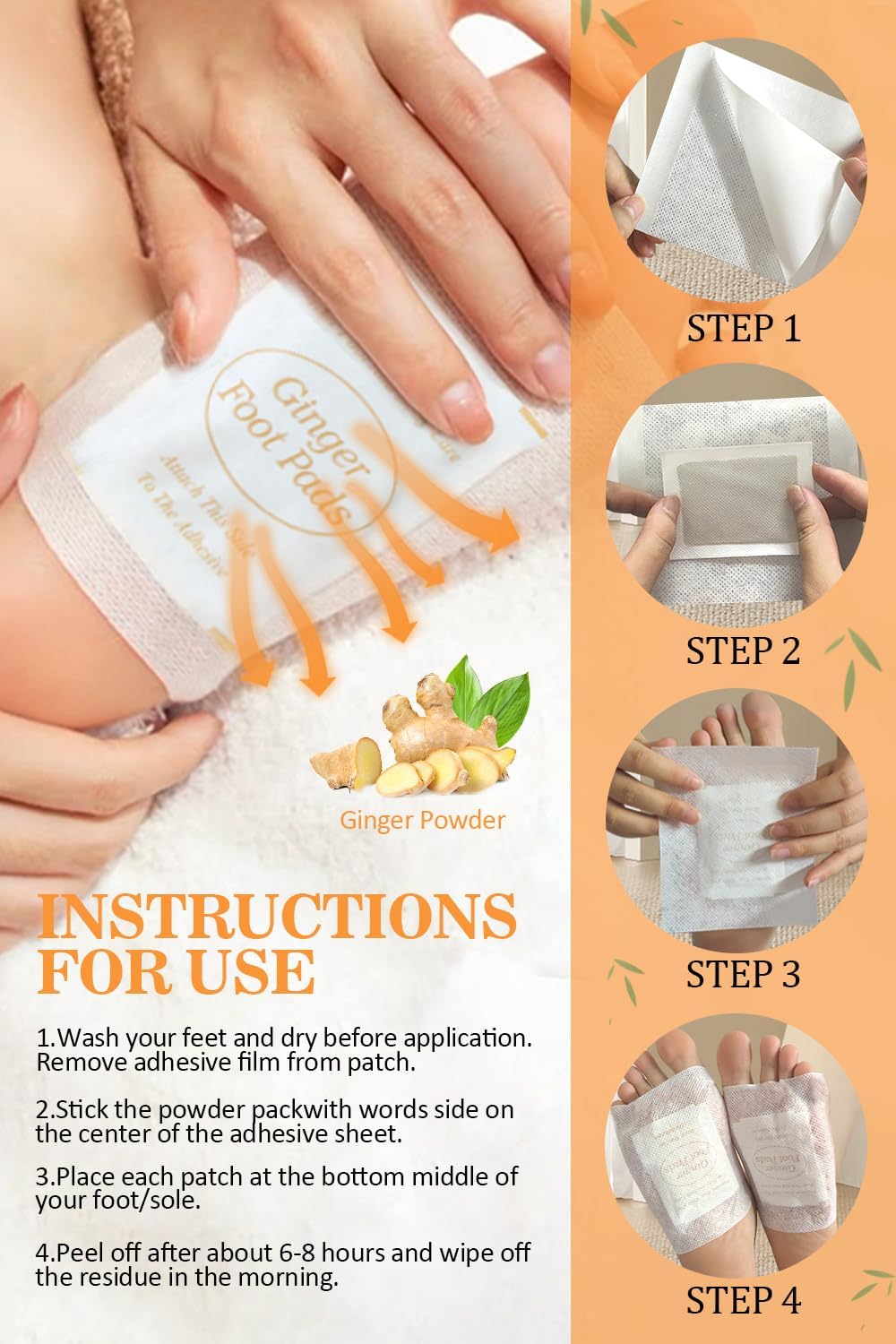 Foot Pads - 60Pads Pure Natural Ginger Powde Bamboo Vinegar Pads, Goodnight Foot Pads for Travel or Home Use
