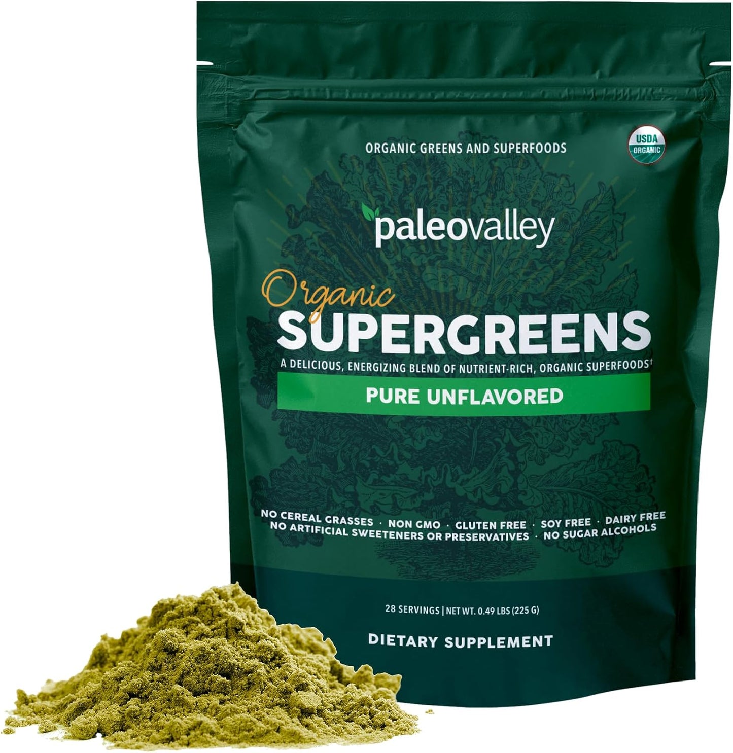 Paleovalley Organic Supergreens Powder - 23 Superfoods with Prebiotic Fiber for Energy and Immunity Support - No Cereal Grasses for Maximum Absorption - Pure Unflavored, 30 Servings