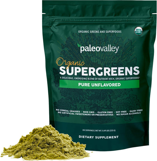 Paleovalley Organic Supergreens Powder - 23 Superfoods with Prebiotic Fiber for Energy and Immunity Support - No Cereal Grasses for Maximum Absorption - Pure Unflavored, 30 Servings
