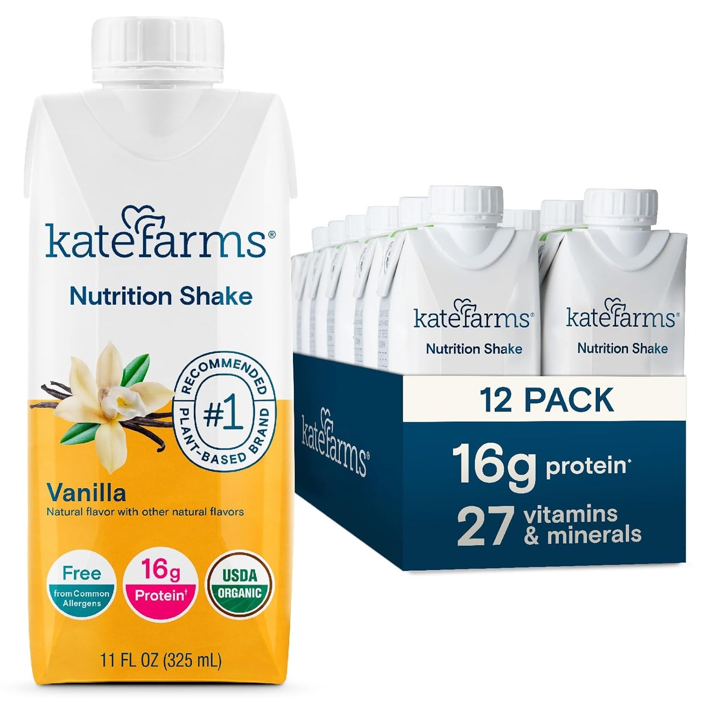 KATE FARMS Organic Nutrition Shake, Vanilla, 16g Protein, 27 Vitamins and Minerals, Protein Meal Replacement Drink, Protein Shake, 11 oz (12 Pack)