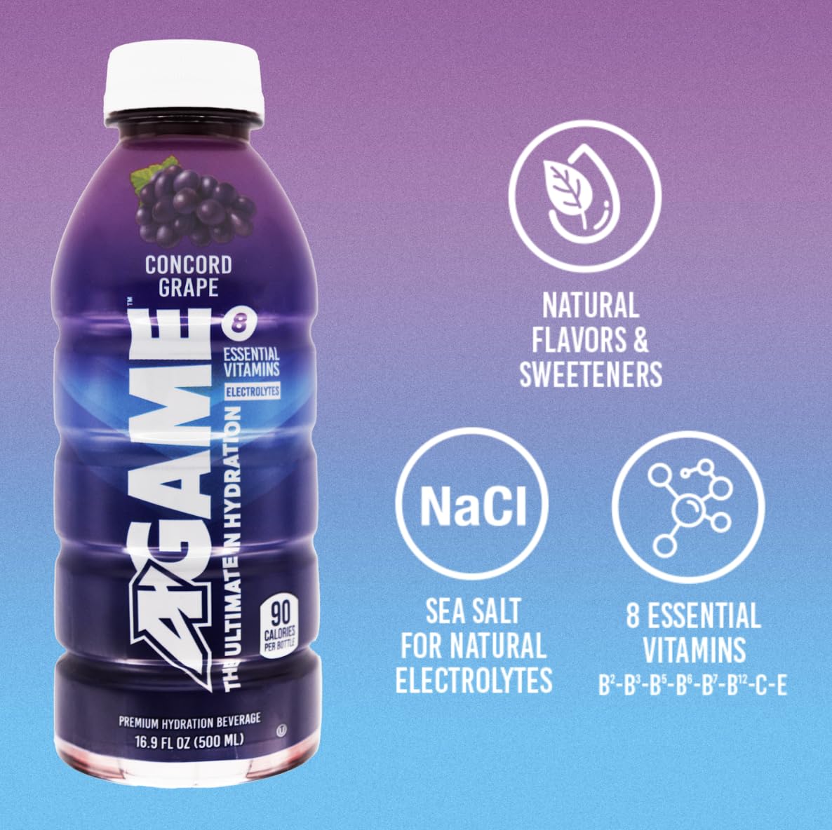 A-GAME Sports Drink, Concord Grape, The Ultimate Hydration Sports Beverage for Athletes, 8 Essential Vitamins including B, C, & E plus Natural Sea Salt Electrolytes, All Natural Flavors & Sweeteners, Gluten Free, 16 Fl Oz (Pack of 12)