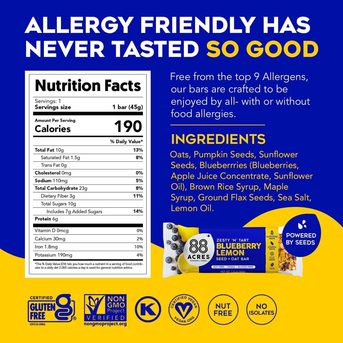 88 Acres Granola Bars | Blueberry Lemon | Gluten Free, Nut-Free Oat and Seed Granola Bar | Vegan & Always Non GMO | 12 Pack