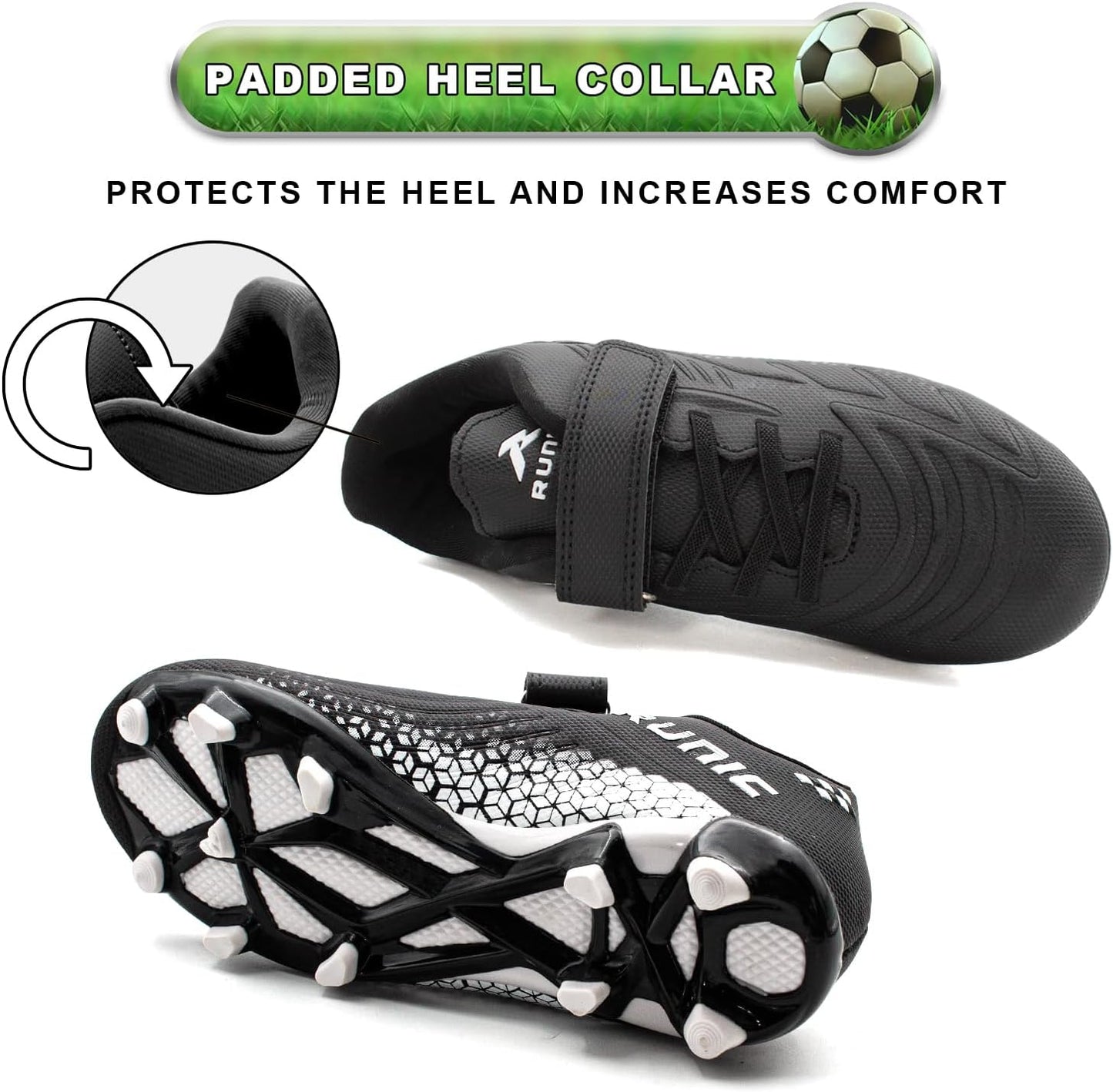 RUNIC Kids Soccer Cleats for Boys and Girls - Small and Big Kid Athletic Outdoor Football Shoes - Firm Ground - Hook and Loop Closure - Black/Gold