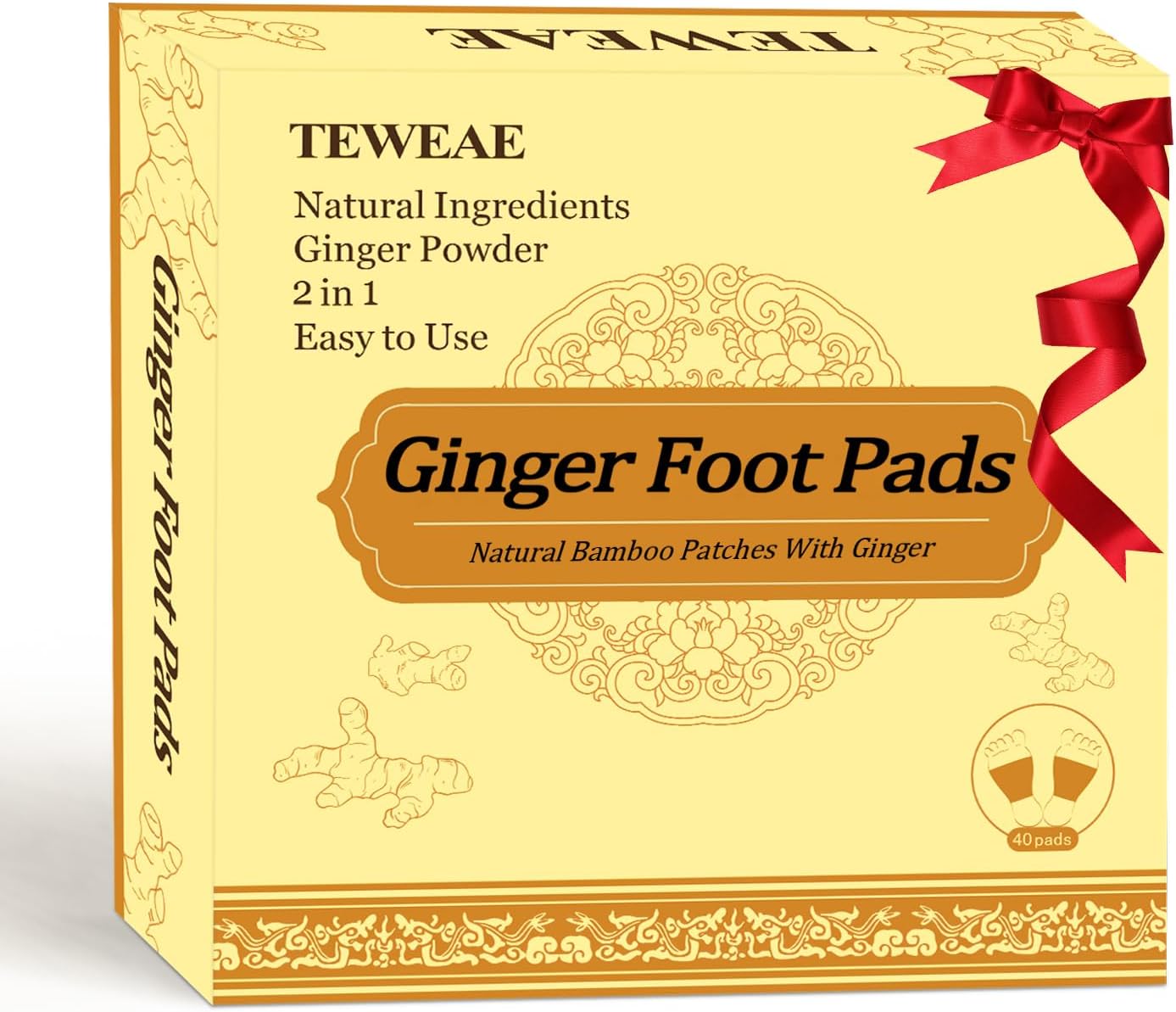 2 in 1 Ginger Foot Pads, 40Pads Tear and Use, Premium Natural Ingredients Ginger Powder, Bamboo Vinegar FootPads with ''Stay in Place'' Adhesive Pads Sheet (40 Pads)