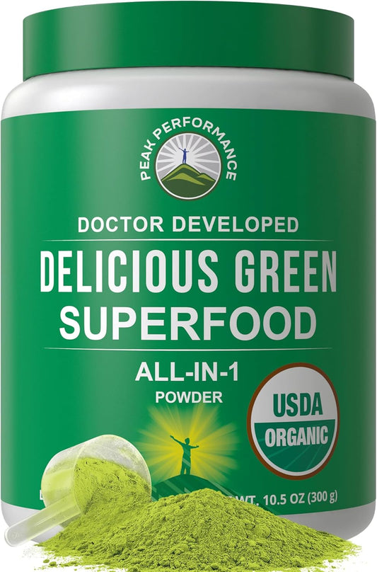 Peak Performance Organic Greens Superfood Powder. Best Tasting Super Greens Powder with 25+ Organic Ingredients for Max Energy and Athletic Performance. Vegan Keto Green Juice Daily Drink