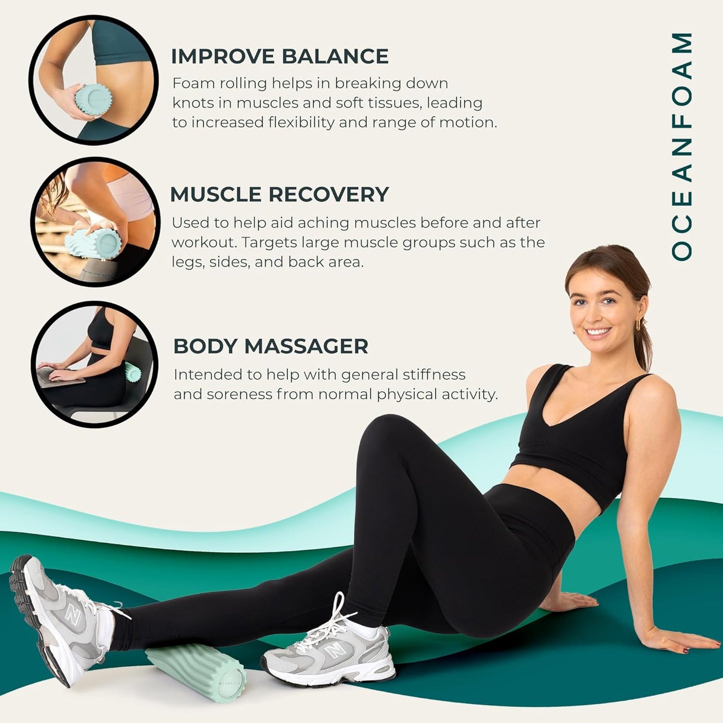 Oceanfoam Ripple Travel Foam Roller (11" x 3.35") Firm Mini Foam Roller for Physical Therapy, Deep Tissue Massage, Back Pain - High Density, Ergonomic Wave Textured - Yoga, Pilates, Exercise (Seafoam)