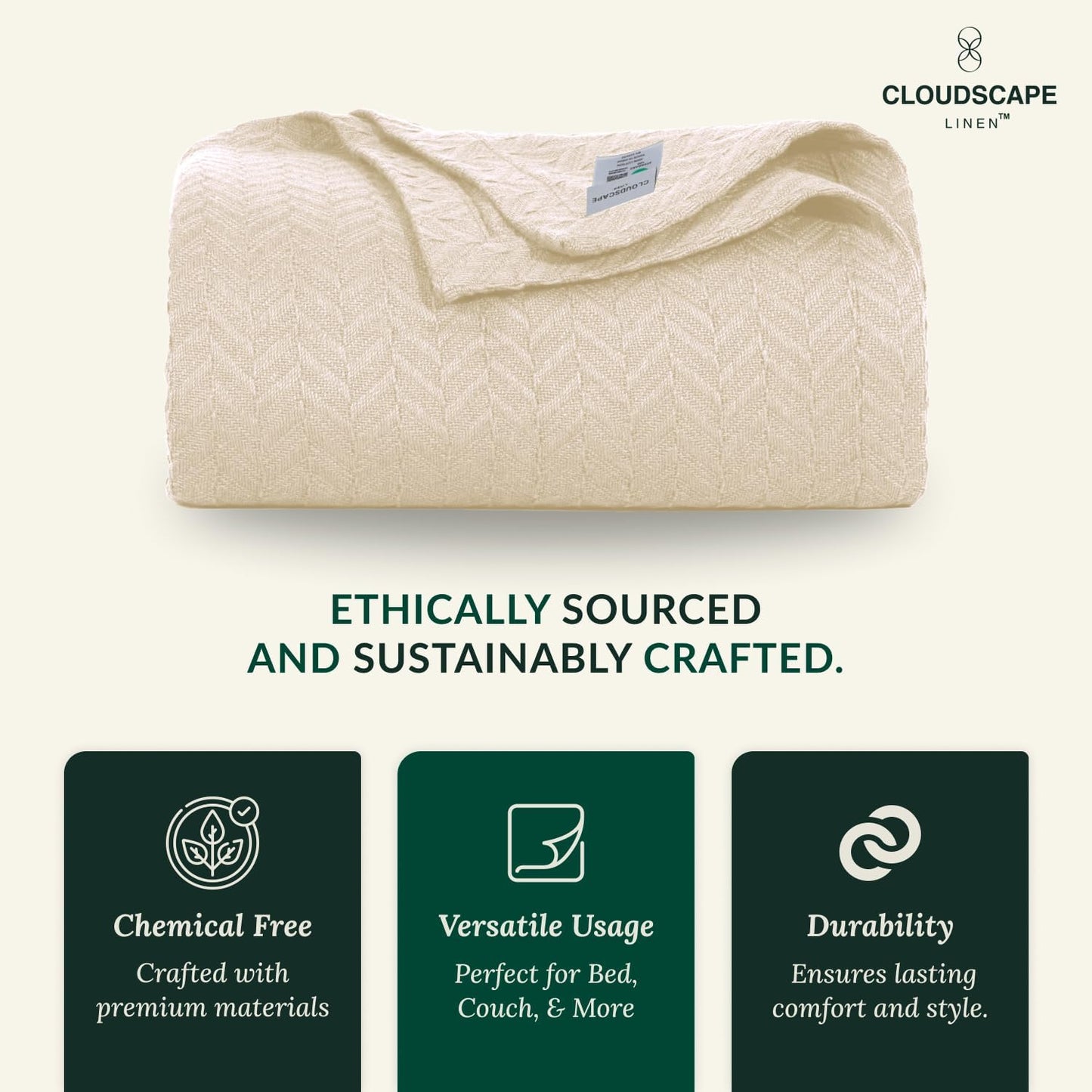 Cloud Scape Linen Herringbone Cotton Throw Blanket for Couch, Bed,Sofa, Home Decor, Soft, Lightweight, All-Season Bed Blanket, 50 x 70, Ivory