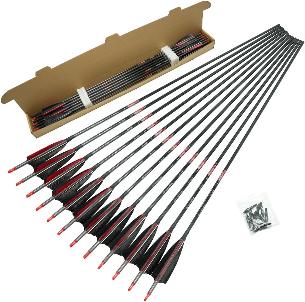 Linkboy Archery Pure Carbon Arrows Spine 300 340 400 500 600 700 800 900 1000 for Compound Recurve Bow Hunting Shooting Target 12pcs