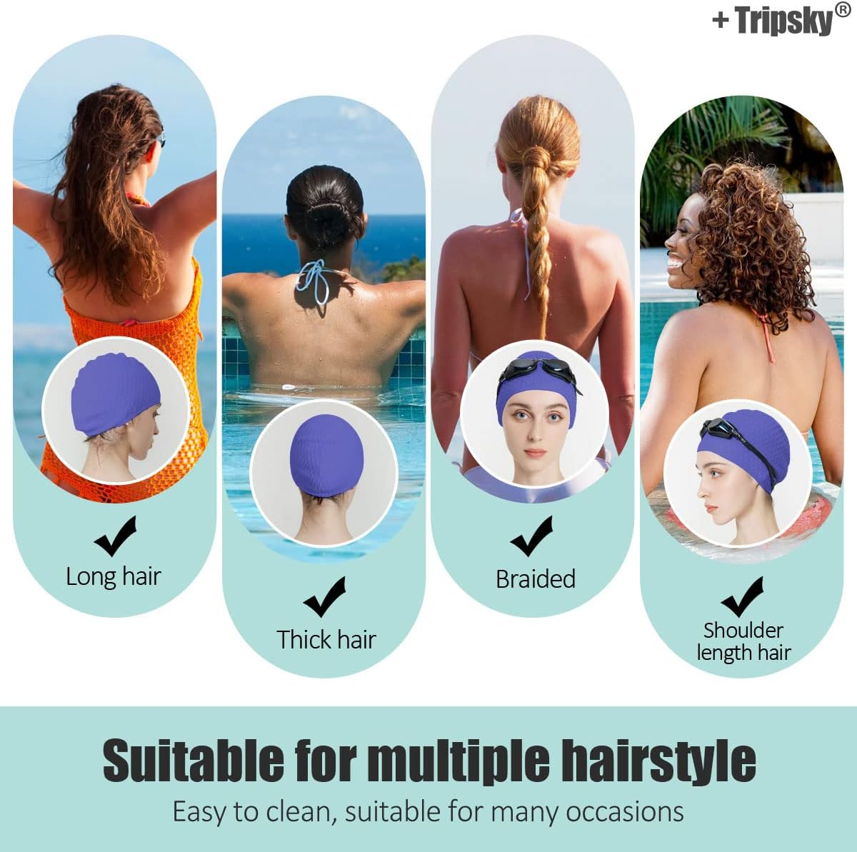 Tripsky Silicone Swim Cap,Comfortable Bathing Cap Ideal for Curly Short Medium Long Hair, Swimming Cap for Women and Men, Shower Caps Keep Hairstyle Unchanged…