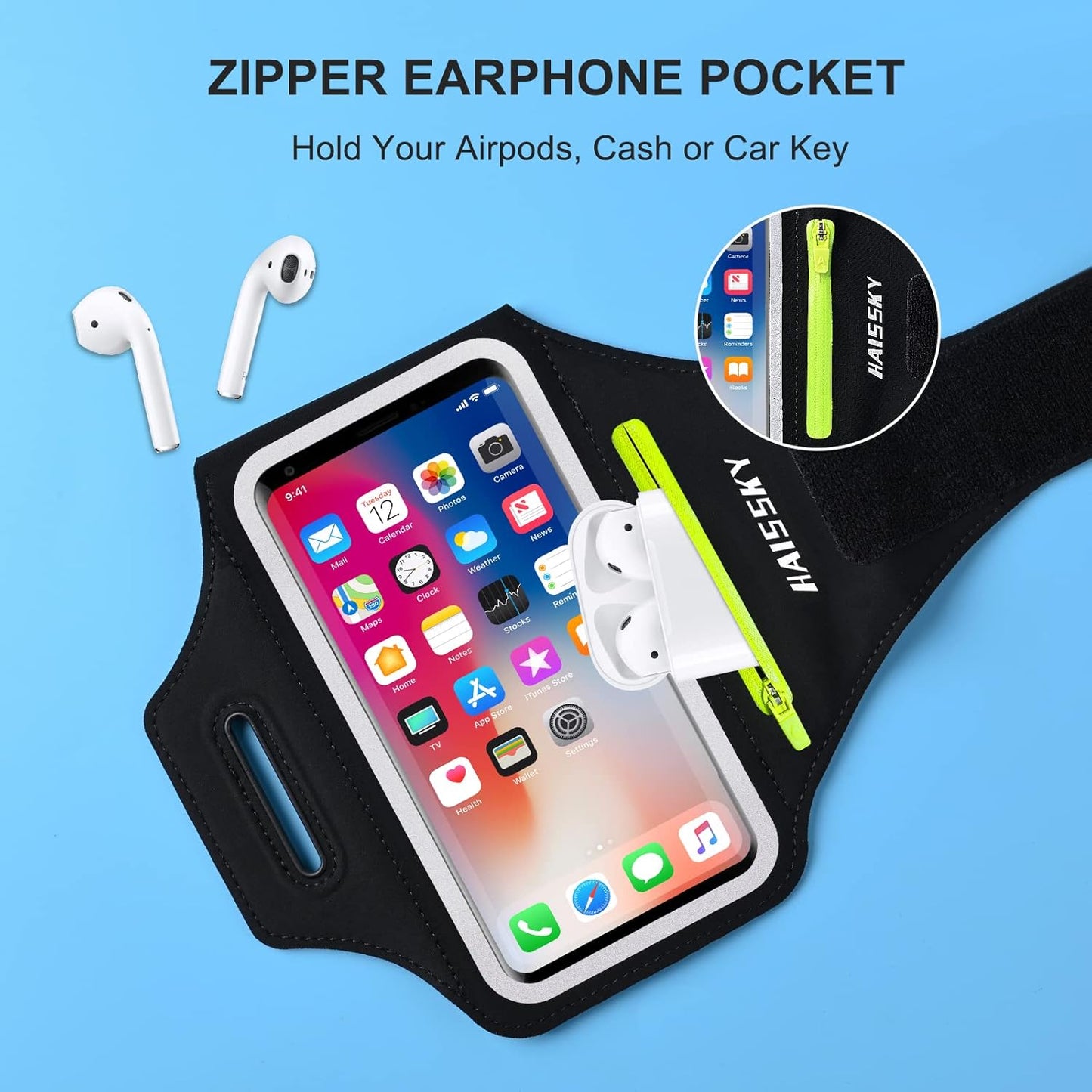 Phone Armband for Running Cell Phone Armband with Zipper Pocket for Earbuds Car Keys, Water Resistant Sport Arm Band for iPhone 16 15 12 11 Pro Galaxy S24 S20 Fit Up to 6.7'' with Phone Case