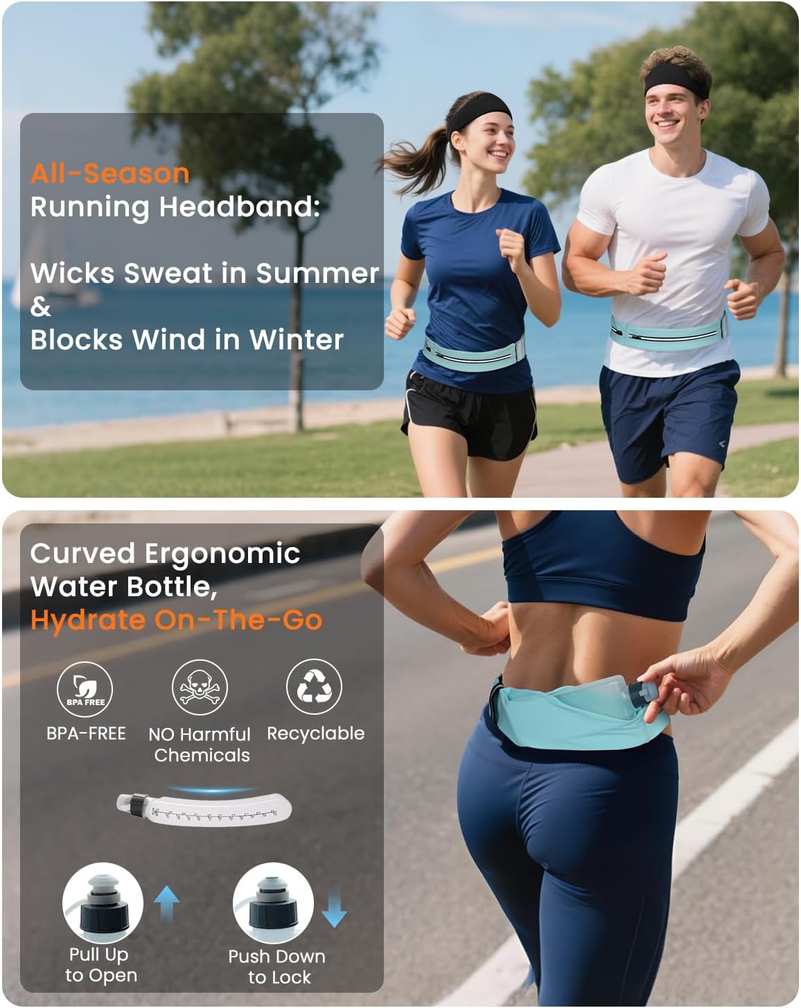 Running Belt for Women and Men, Adjustable Fanny Packs No Bounce Phone Holder for Running with Water Bottle & Headband, Waterproof Reflective Waist Packs for Runner Fits All Phones (L-Blue)
