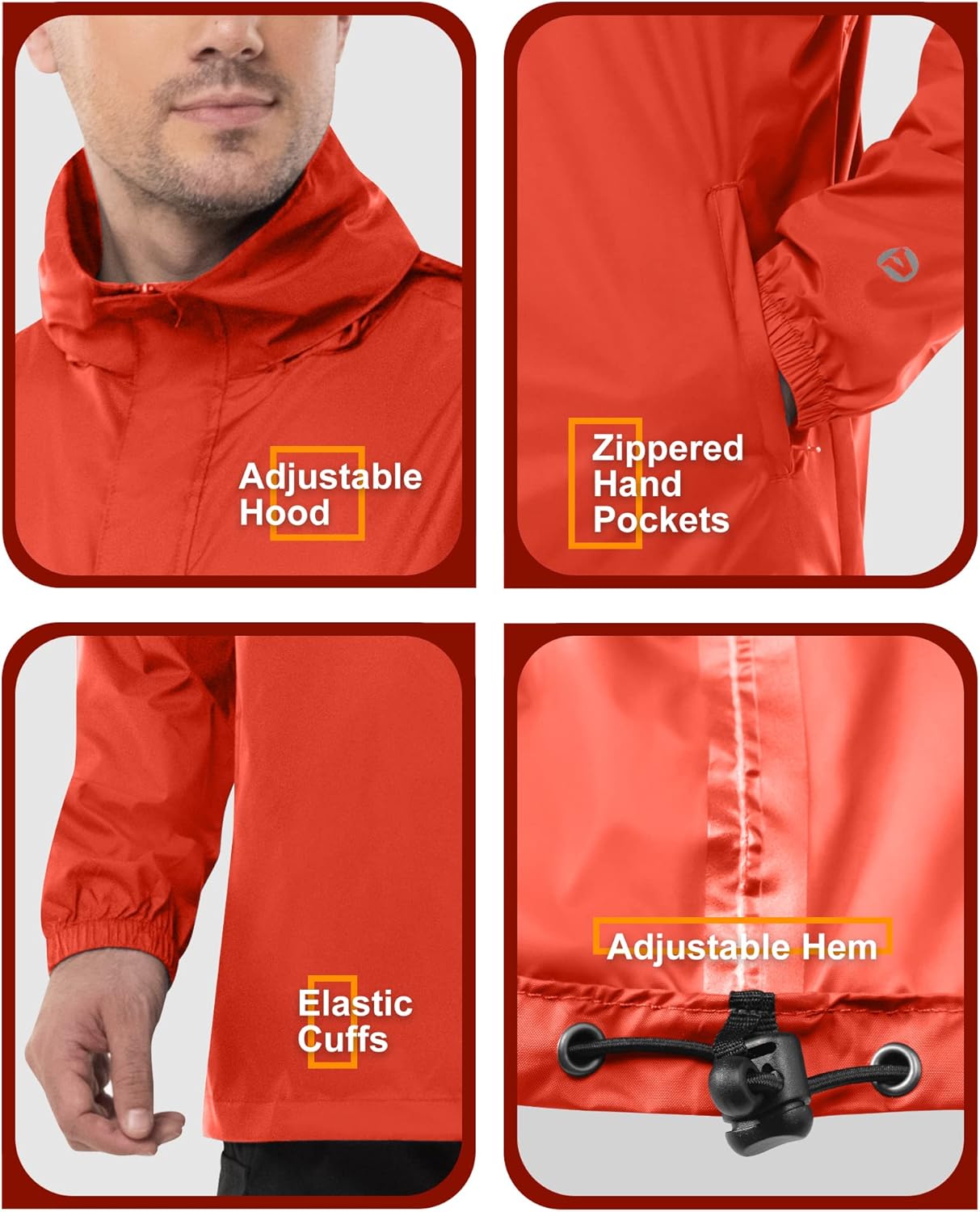 Outdoor Ventures Men's Rain Jacket Waterproof Lightweight Packable Rain Pullover for Hiking Golf Running