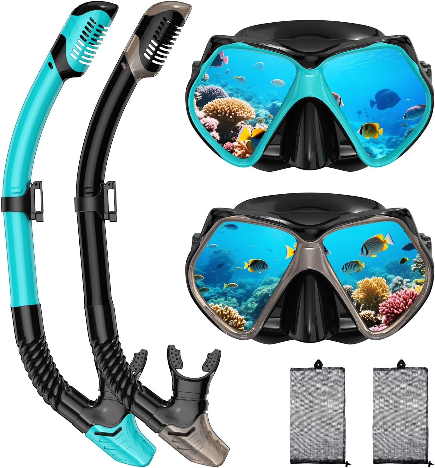 2 Pack Snorkeling Gear for Adults, Dry Snorkel, Mask Set Adult, Diving Scuba Mask, Scuba Gear, Swimming Goggles with Nose Cover, Swim Freediving Tempered Glass Panoramic View Travel Packages